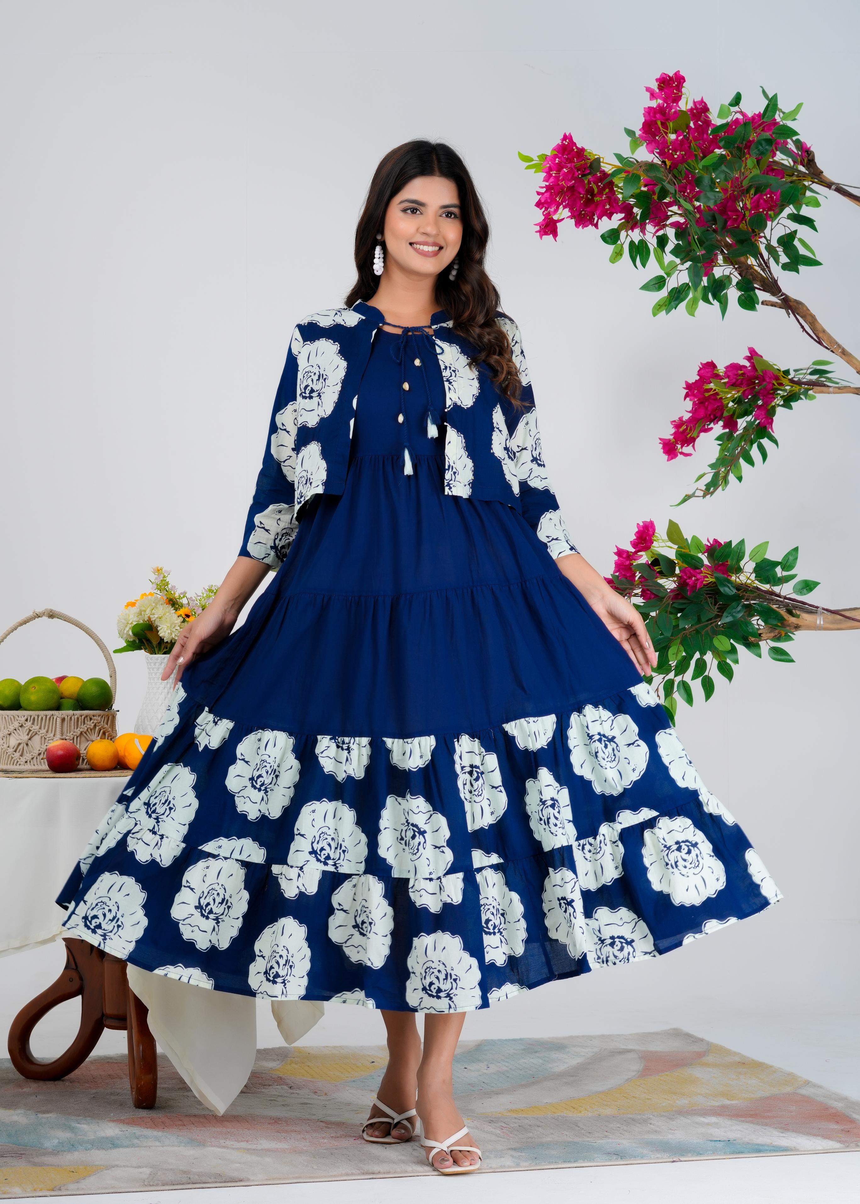 Floral Printed Regular Sleeves Cotton Blue Dresses With Jacket