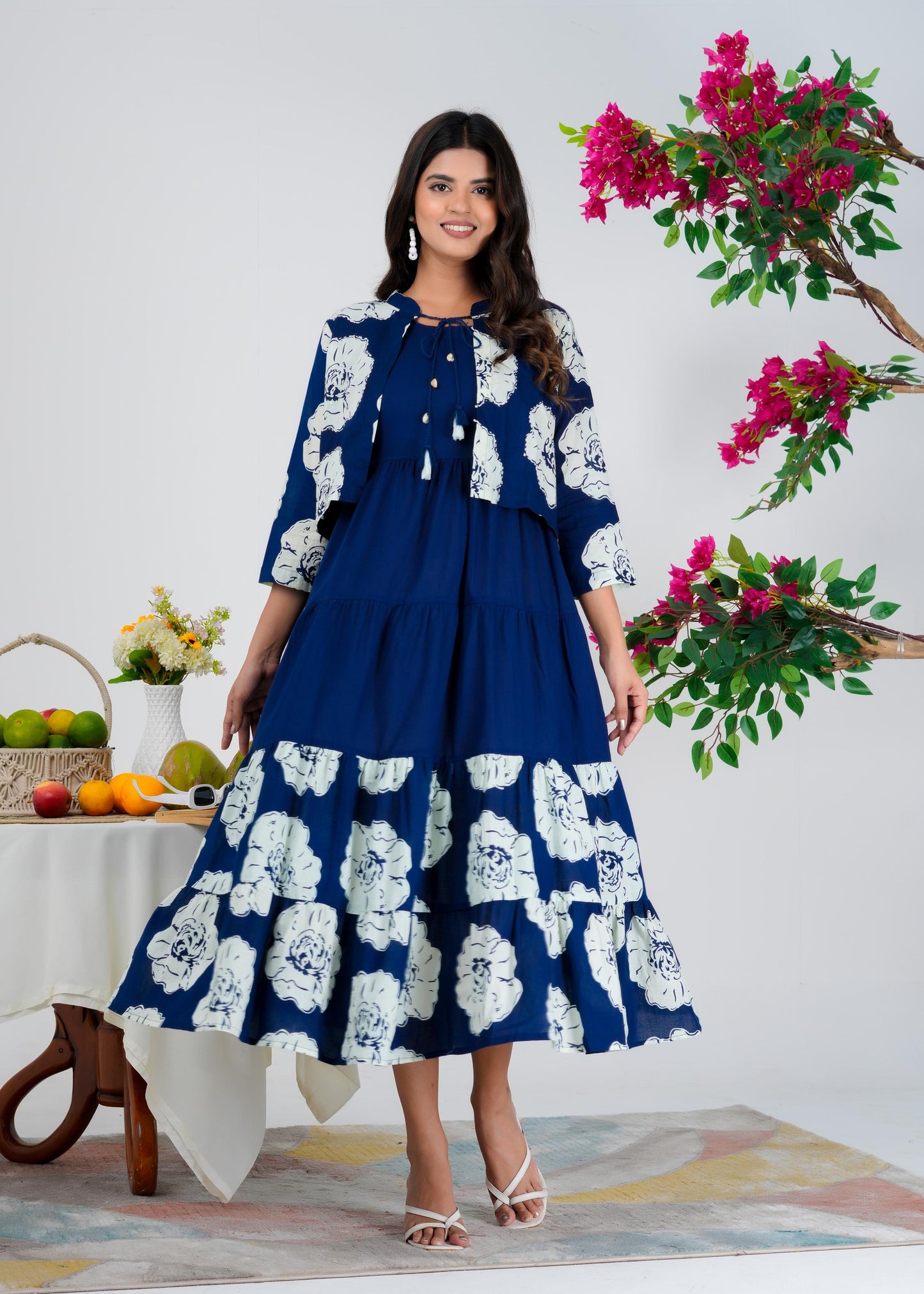 Floral Printed Regular Sleeves Cotton Blue Dresses With Jacket