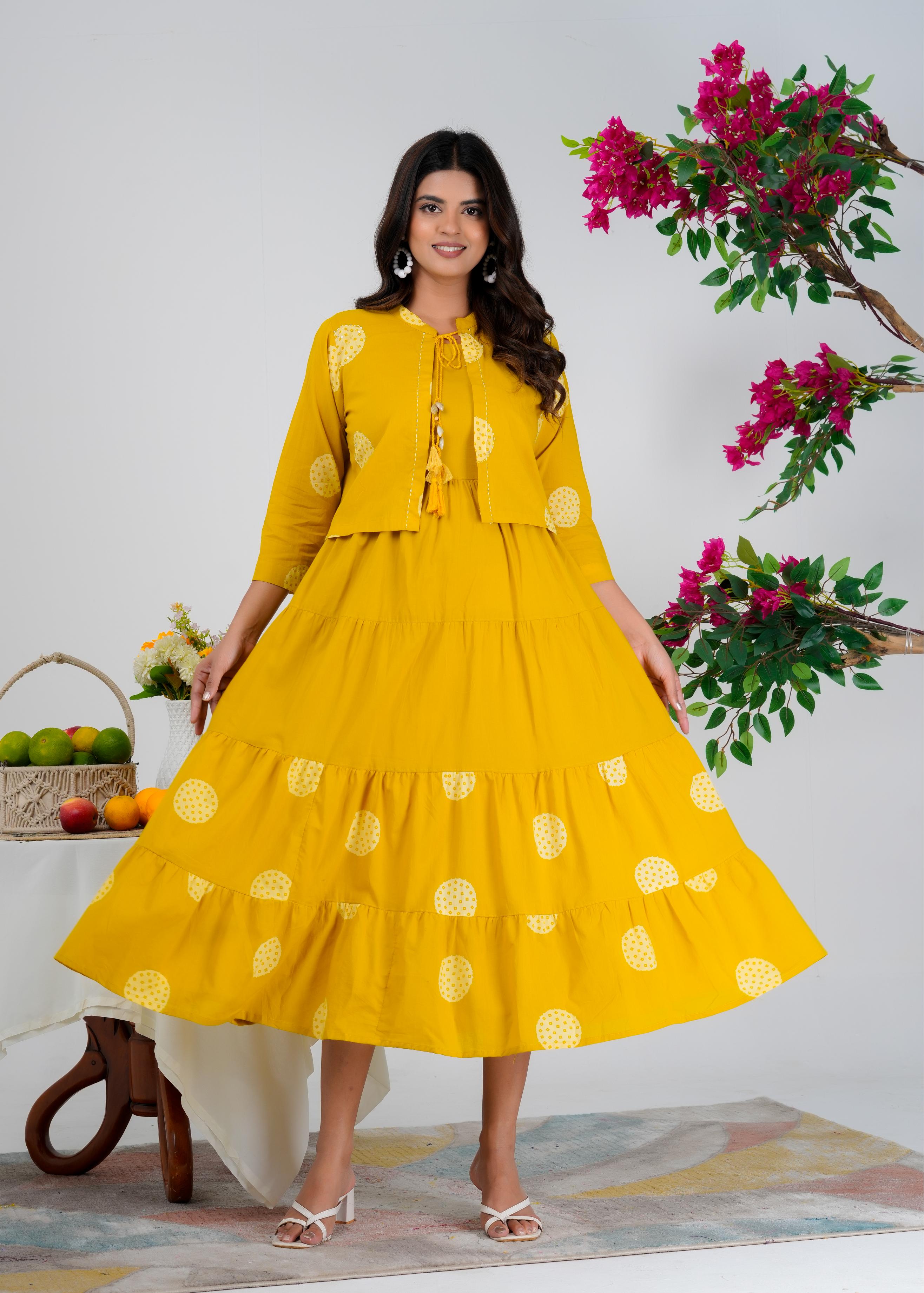 Floral Printed Regular Sleeves Cotton Yellow Dresses With Jacket