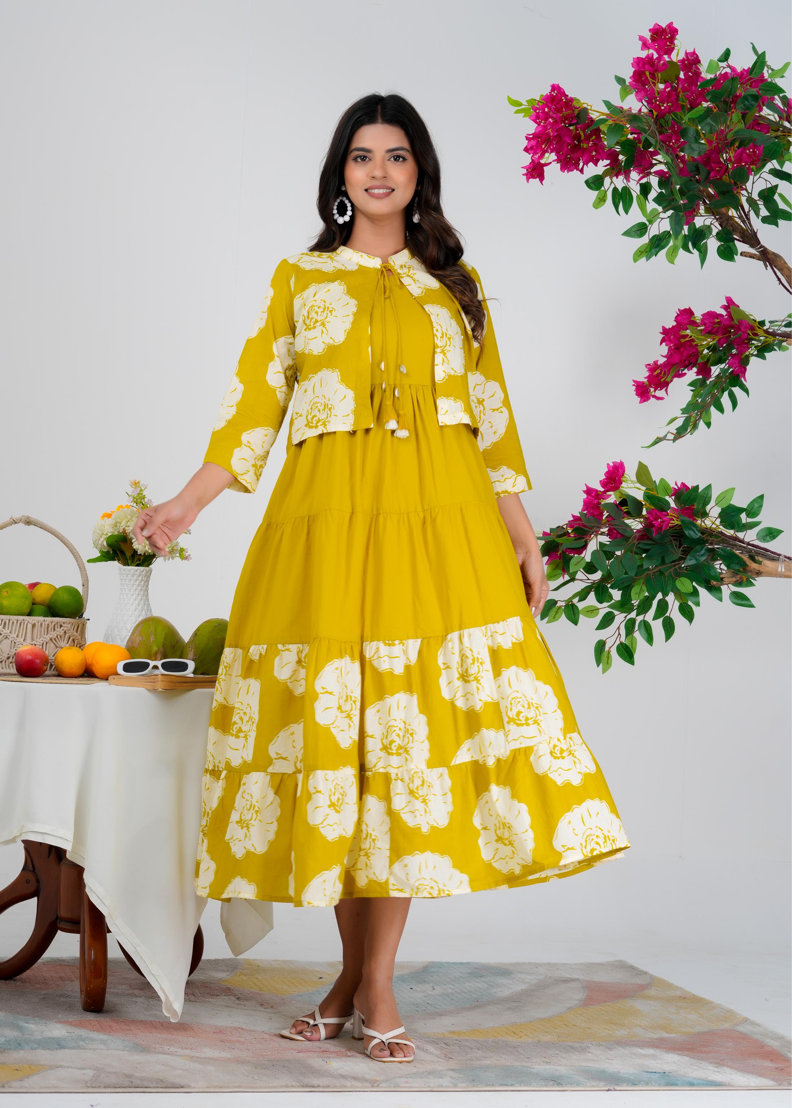 Floral Printed Regular Sleeves Cotton Mustard Dresses With Jacket