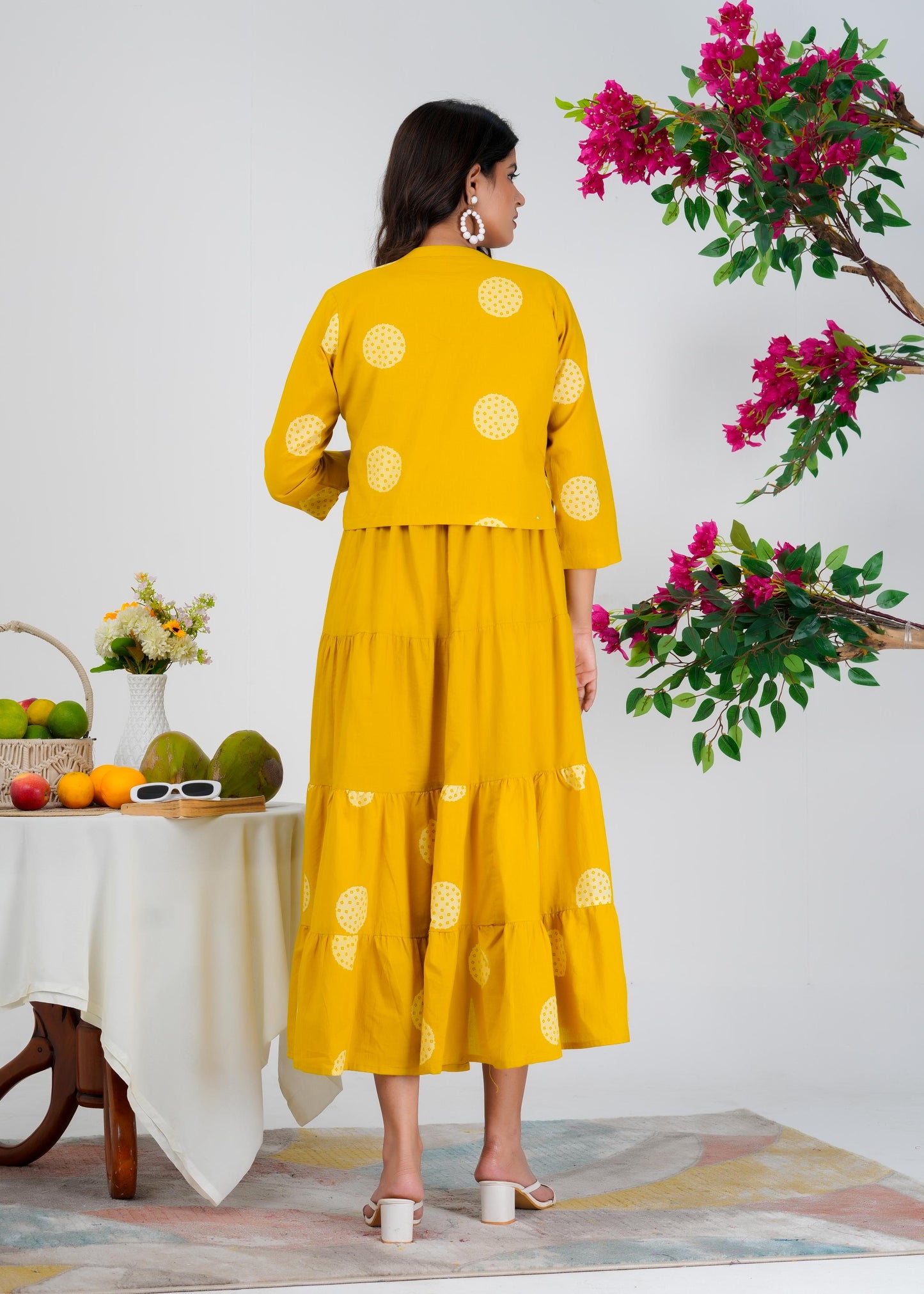 Floral Printed Regular Sleeves Cotton Yellow Dresses With Jacket