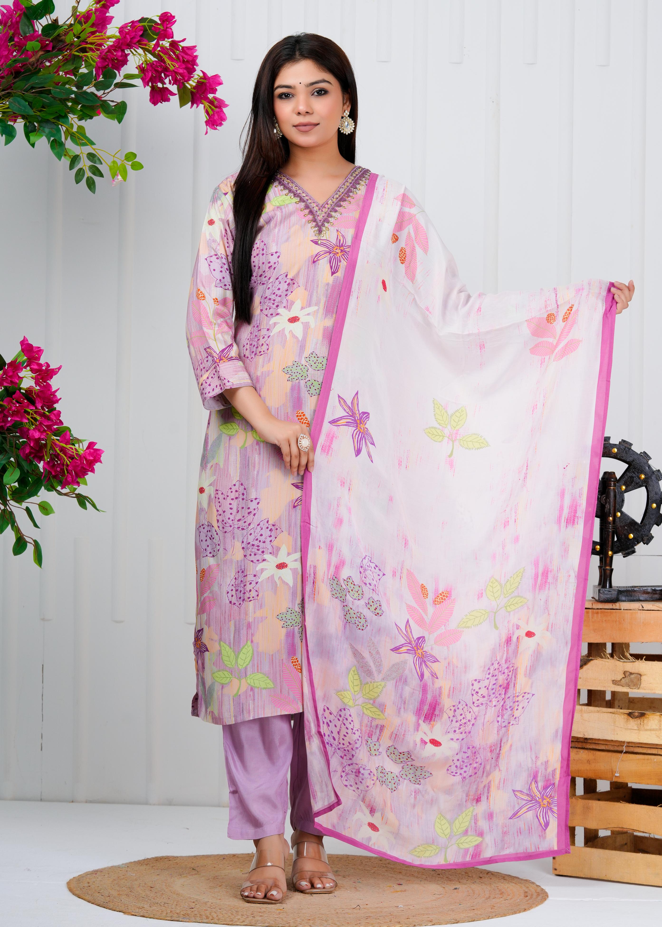 Cotton Floral Printed  Straight Kurta Set With Dupatta