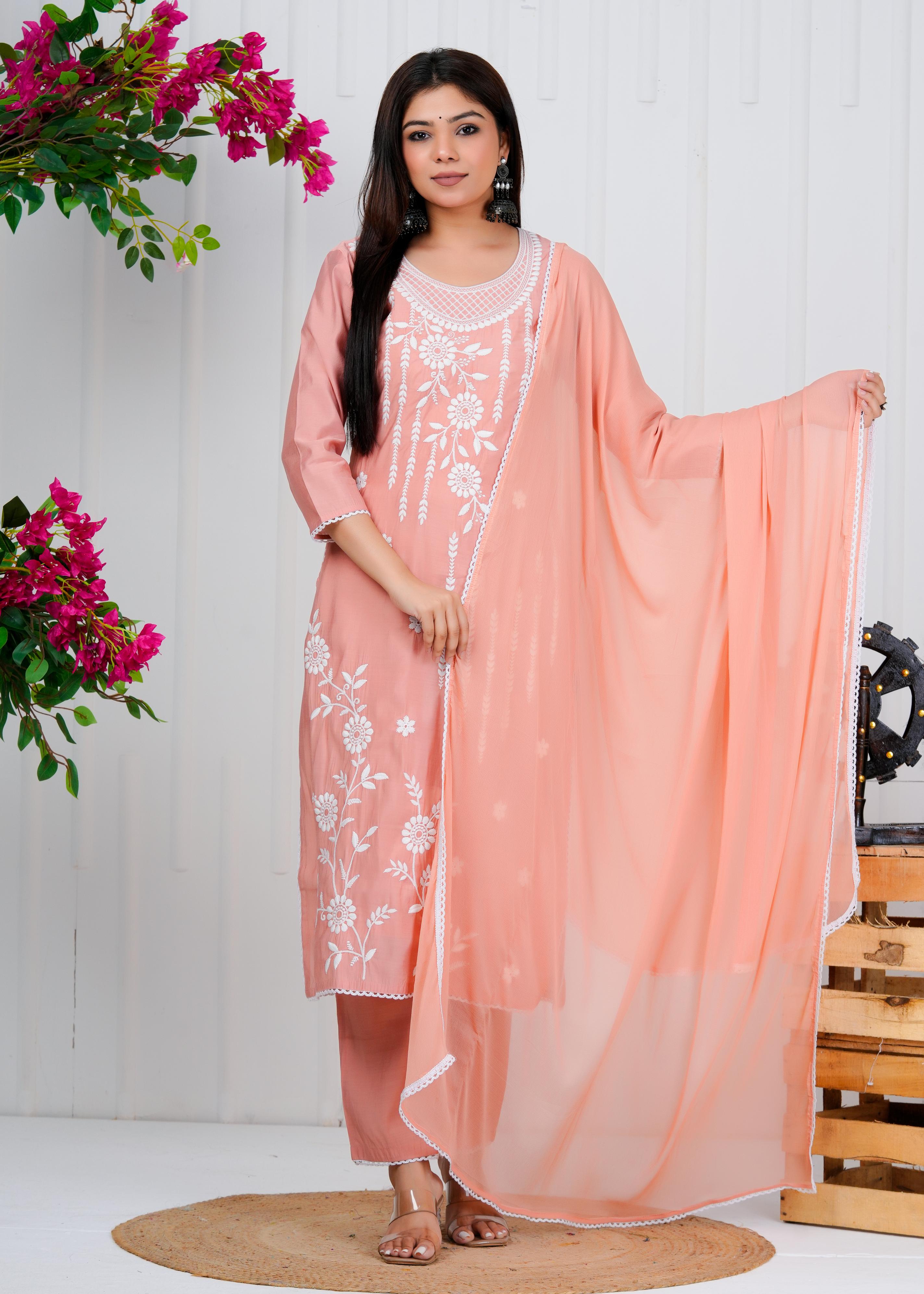 Cotton Floral Embroidered Straight Kurta Set With Dupatta