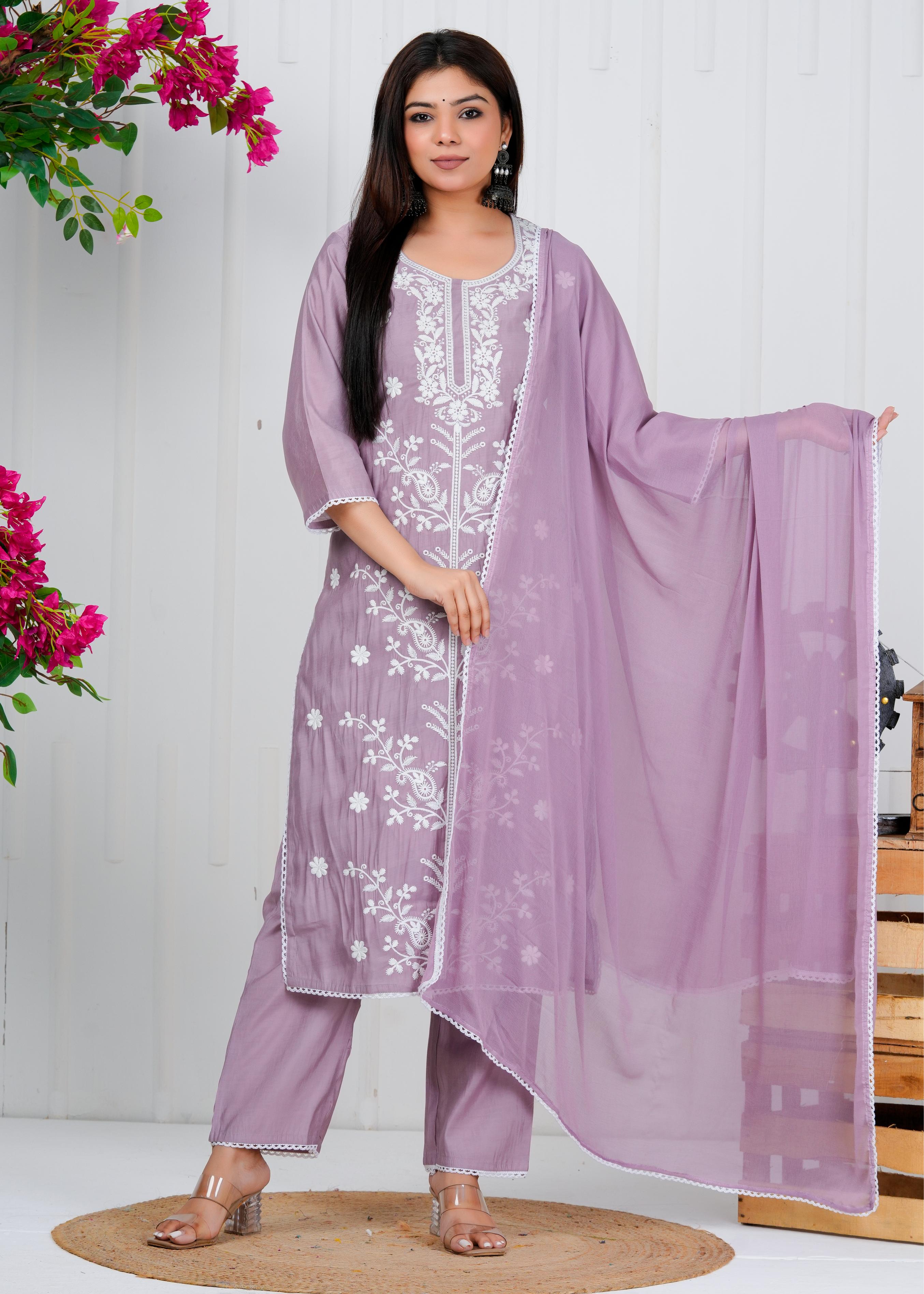 Cotton Floral Embroidered Straight Kurta Set With Dupatta