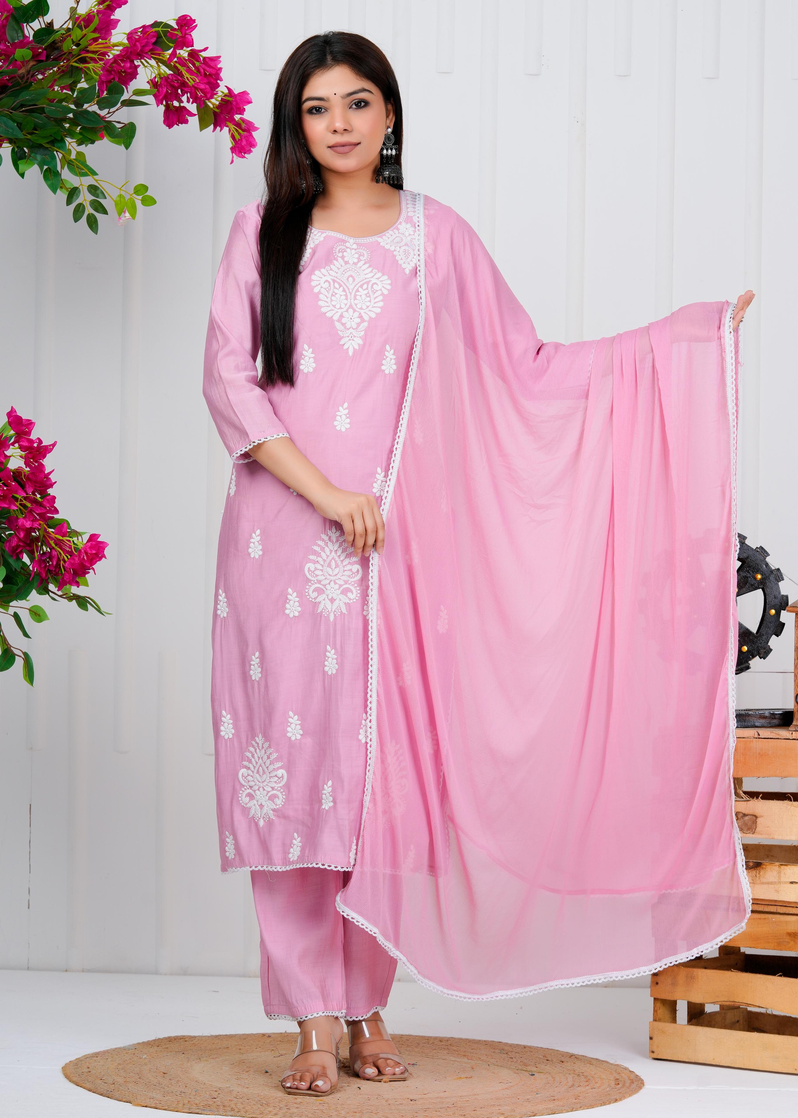 Cotton Floral Embroidered Straight Kurta Set With Dupatta