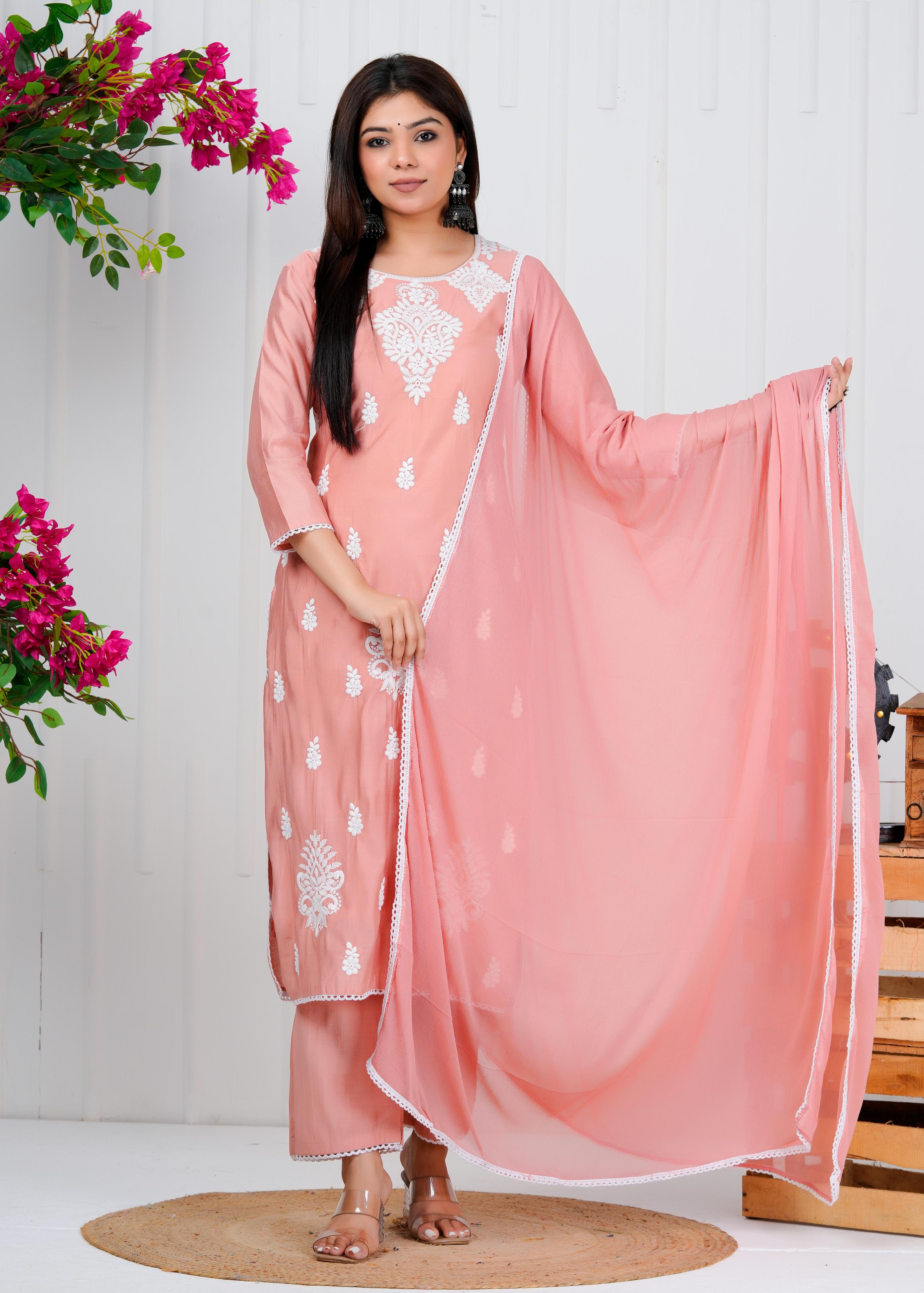 Cotton Floral Embroidered Straight Kurta Set With Dupatta