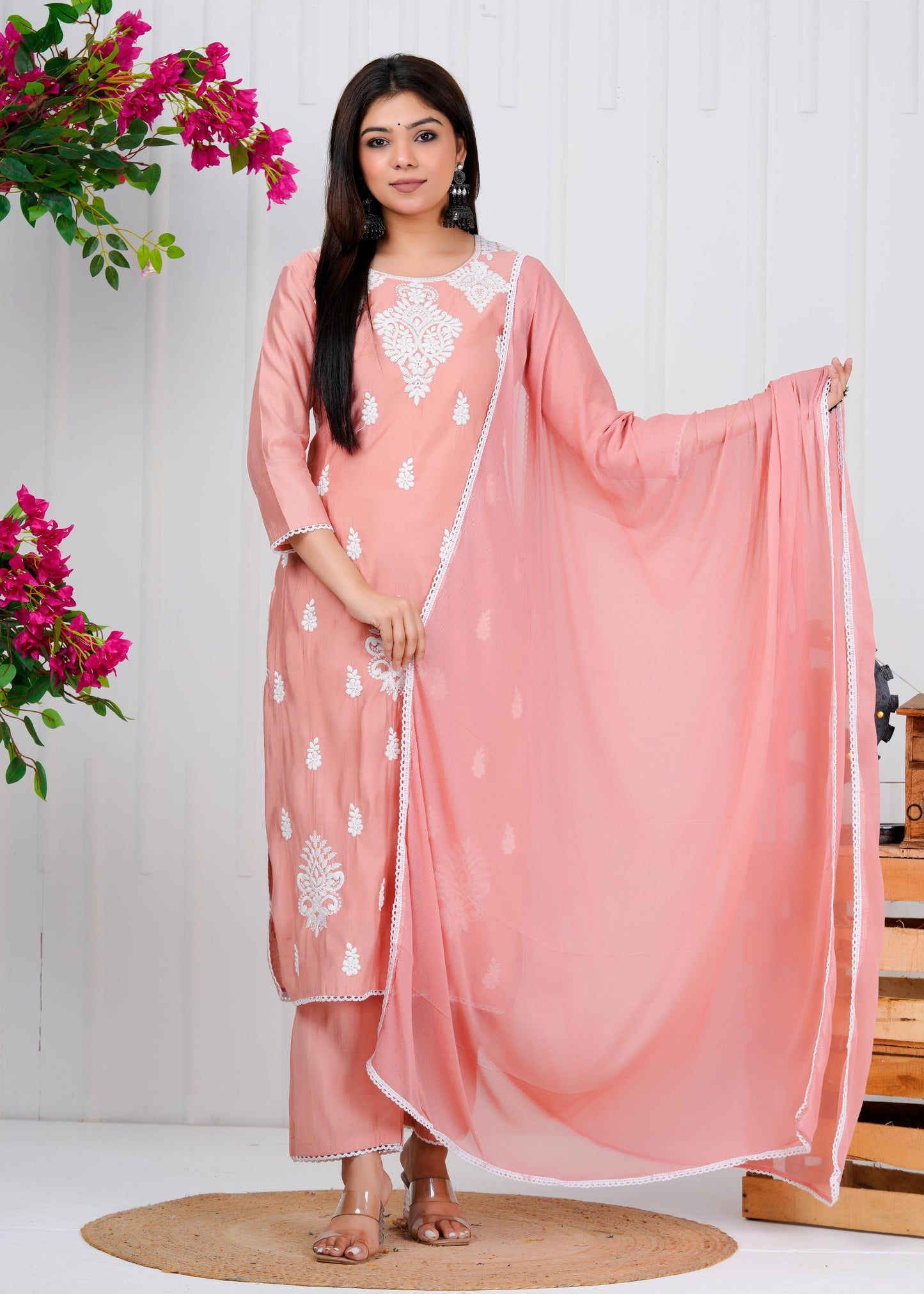 Cotton Floral Embroidered Straight Kurta Set With Dupatta