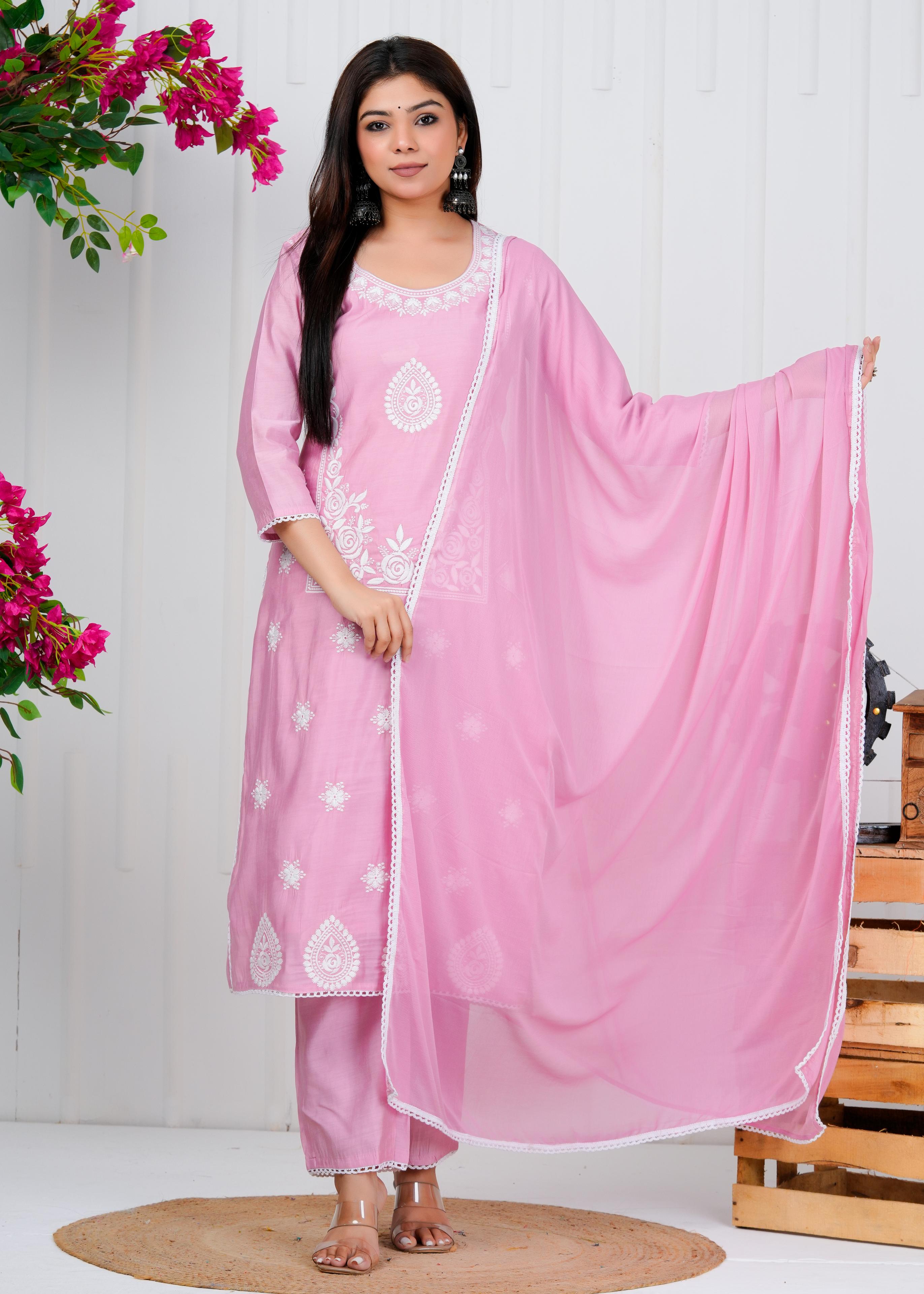 Cotton Floral Embroidered Straight Kurta Set With Dupatta