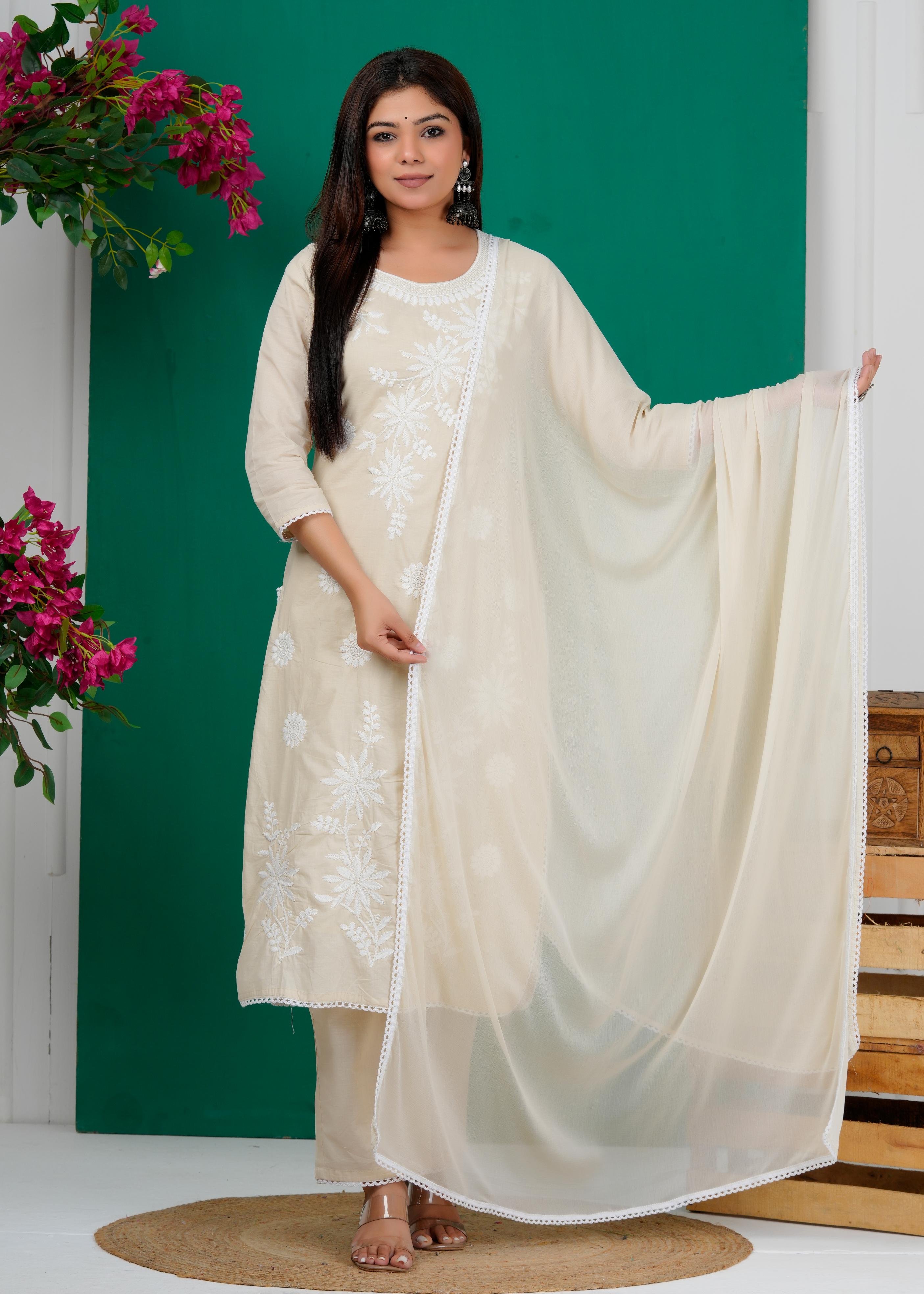 Cotton Floral Embroidered Straight Kurta Set With Dupatta