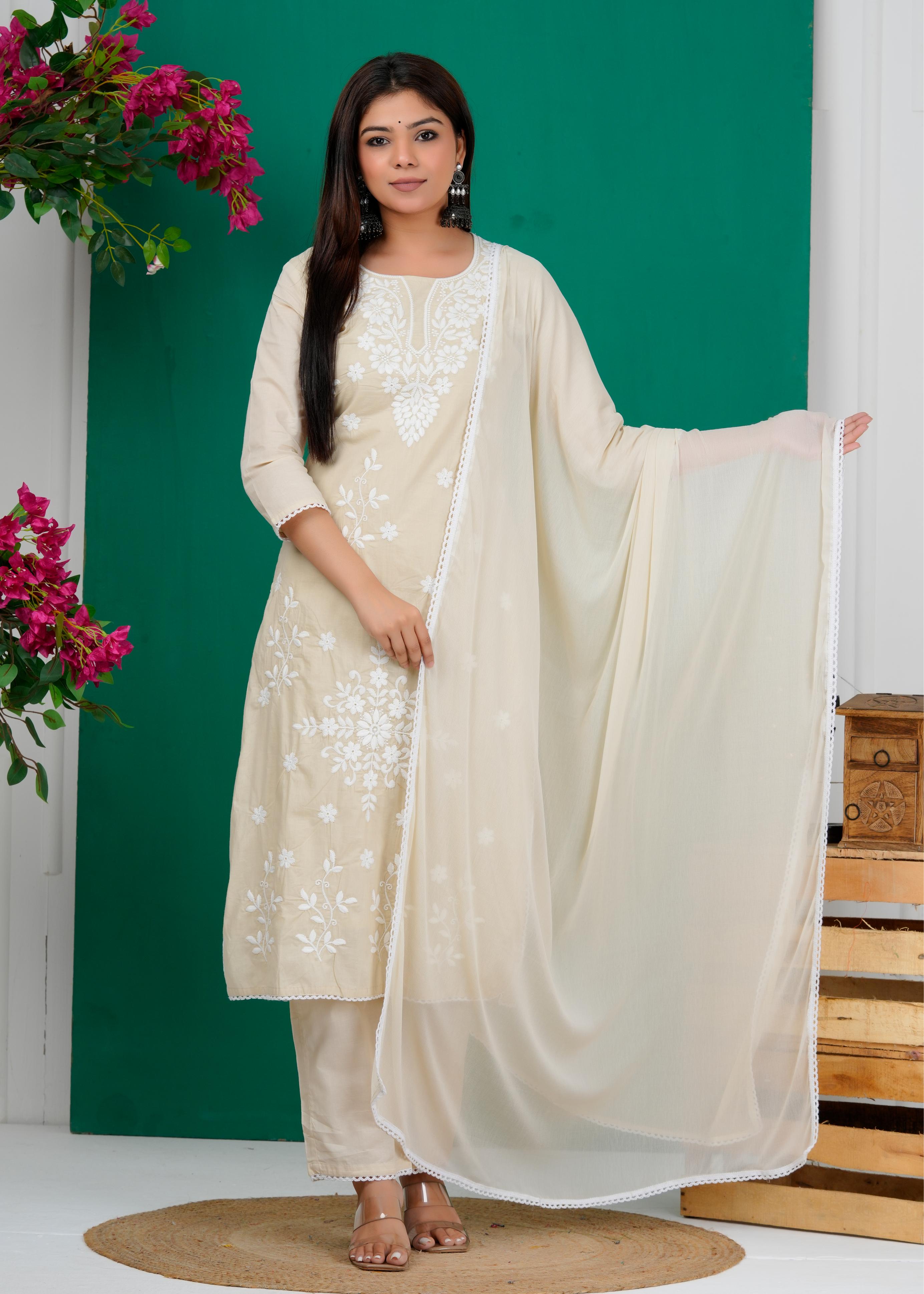 Cotton Floral Embroidered Straight Kurta Set With Dupatta