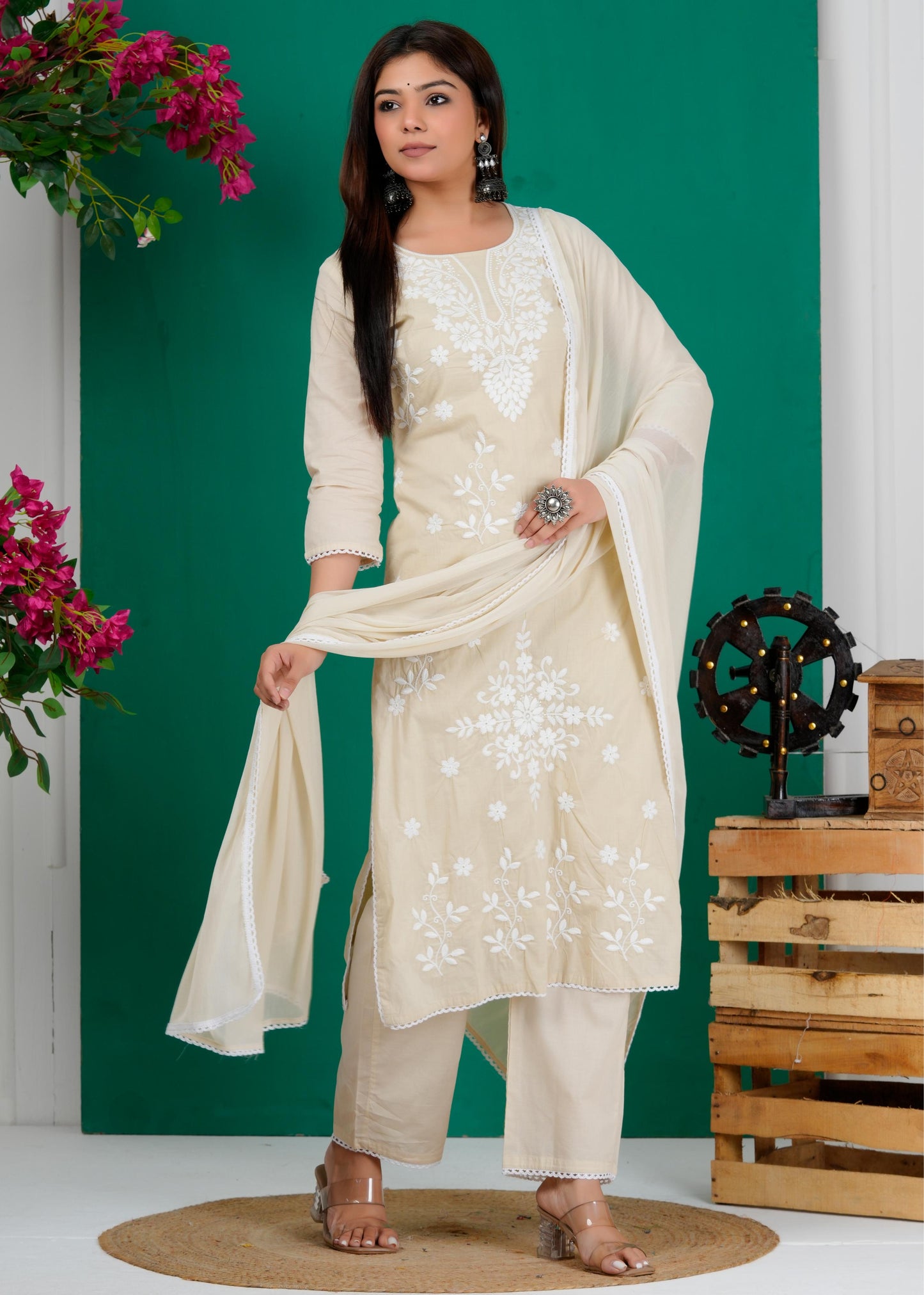 Cotton Floral Embroidered Straight Kurta Set With Dupatta