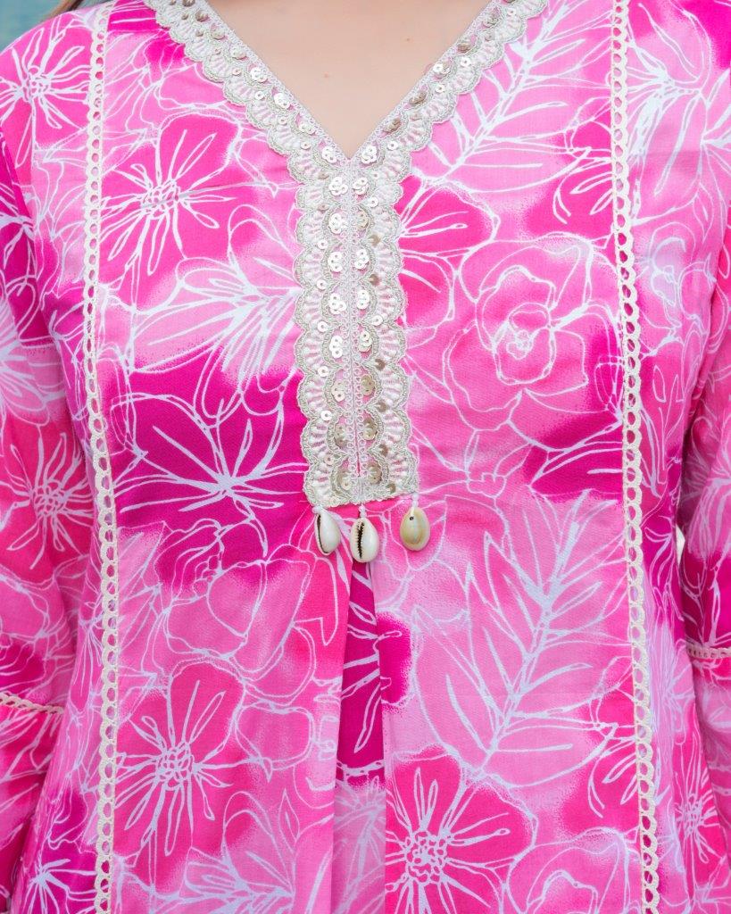 Pink floral printed Kurta with solid Trousers