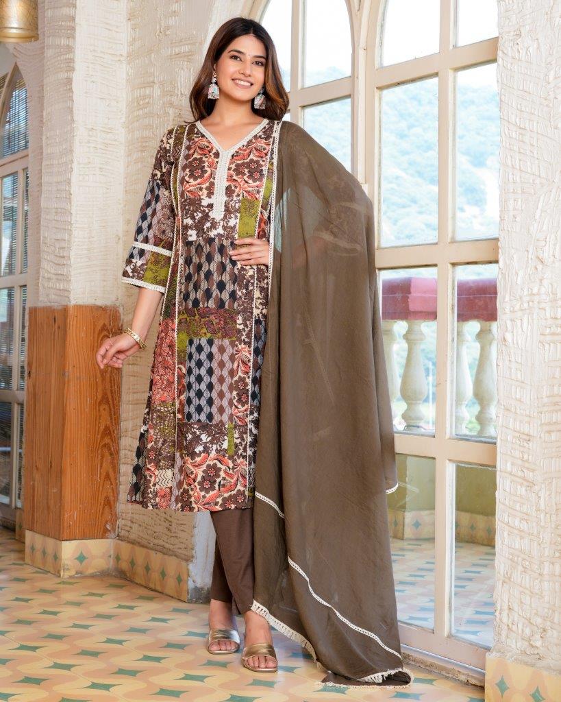 Brown floral printed Kurta with solid Trousers & dupatta