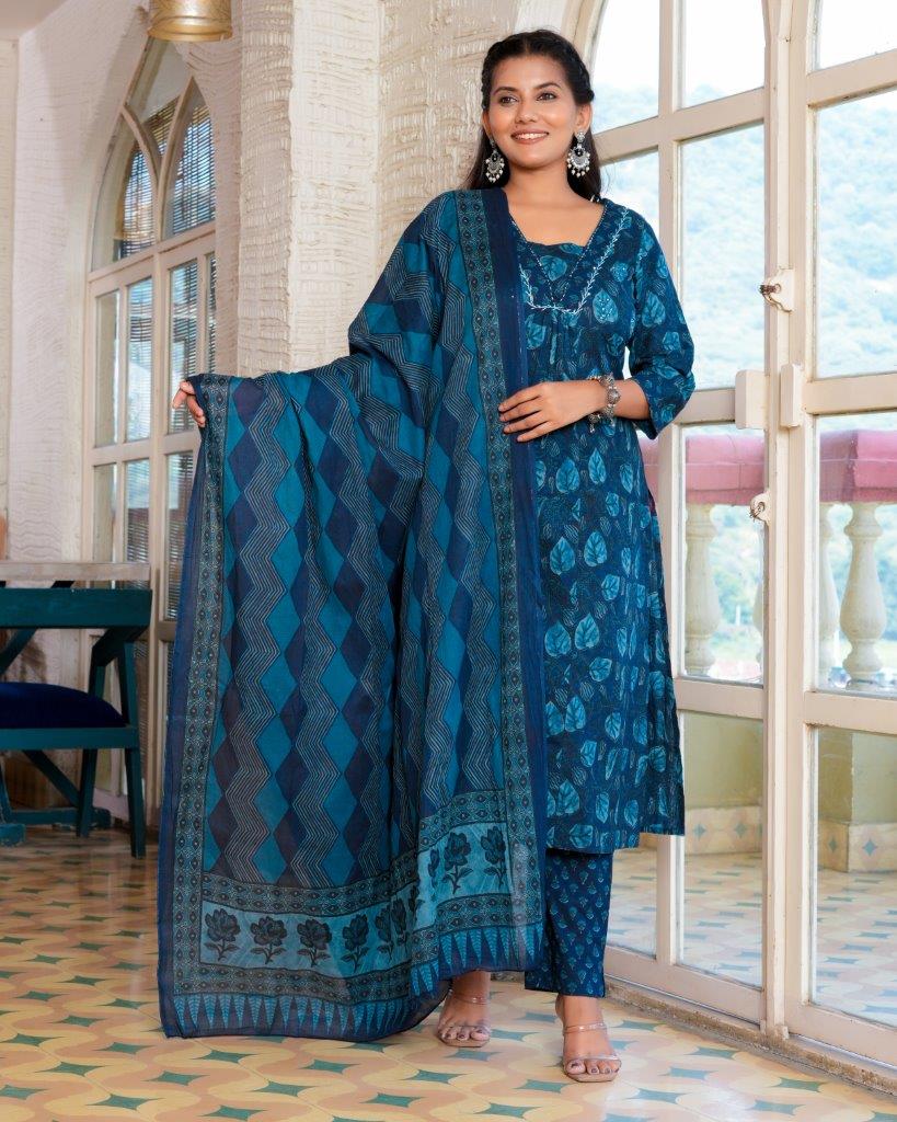 Blue floral printed Kurta & Trousers with dupatta