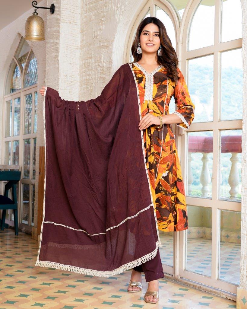 Brown floral printed Kurta with solid Trousers & dupatta