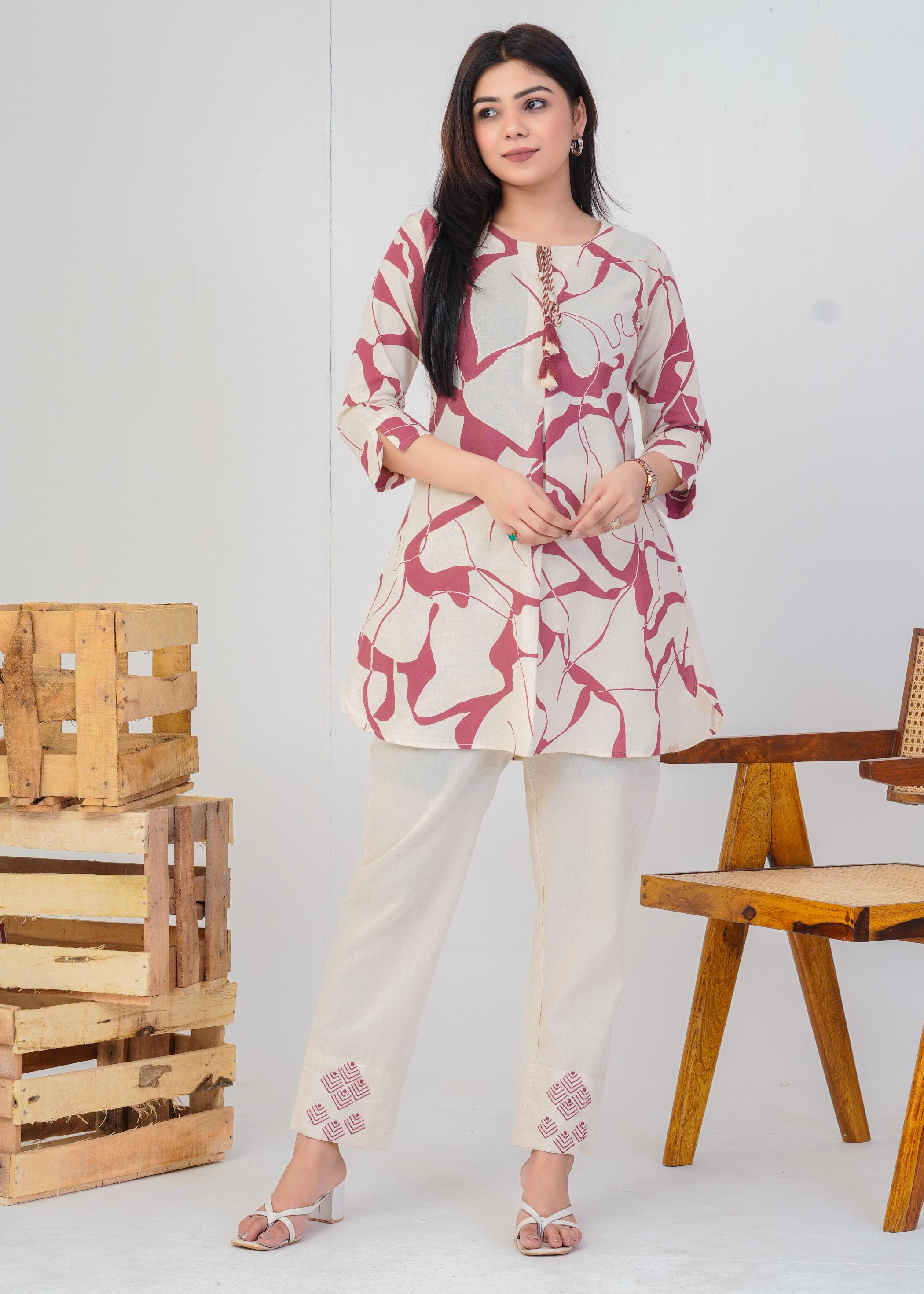 Women's Round Neck, Printed Peach Co-Ord Set, Night Suit Set
