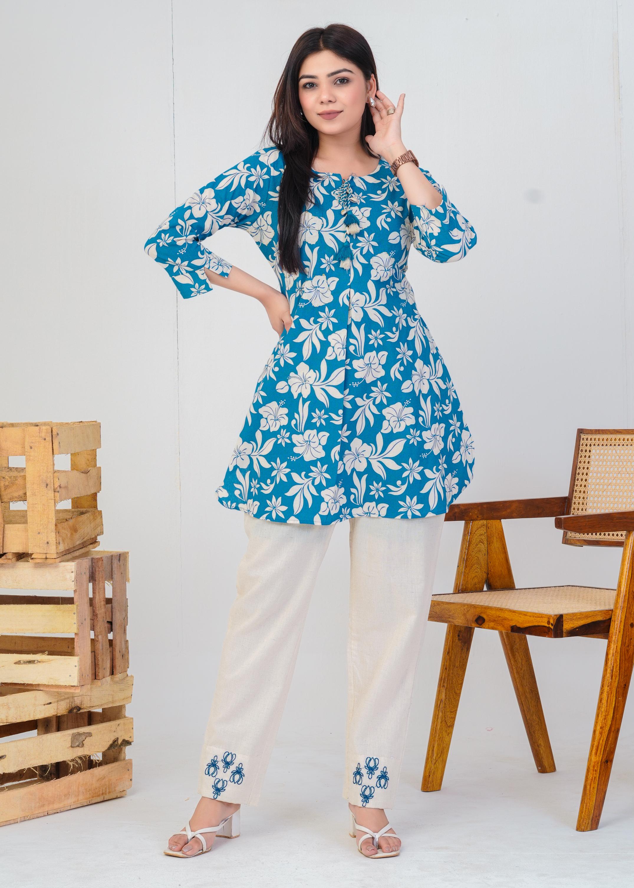 Women's Round Neck, Printed Blue Co-Ord Set, Night Suit Set