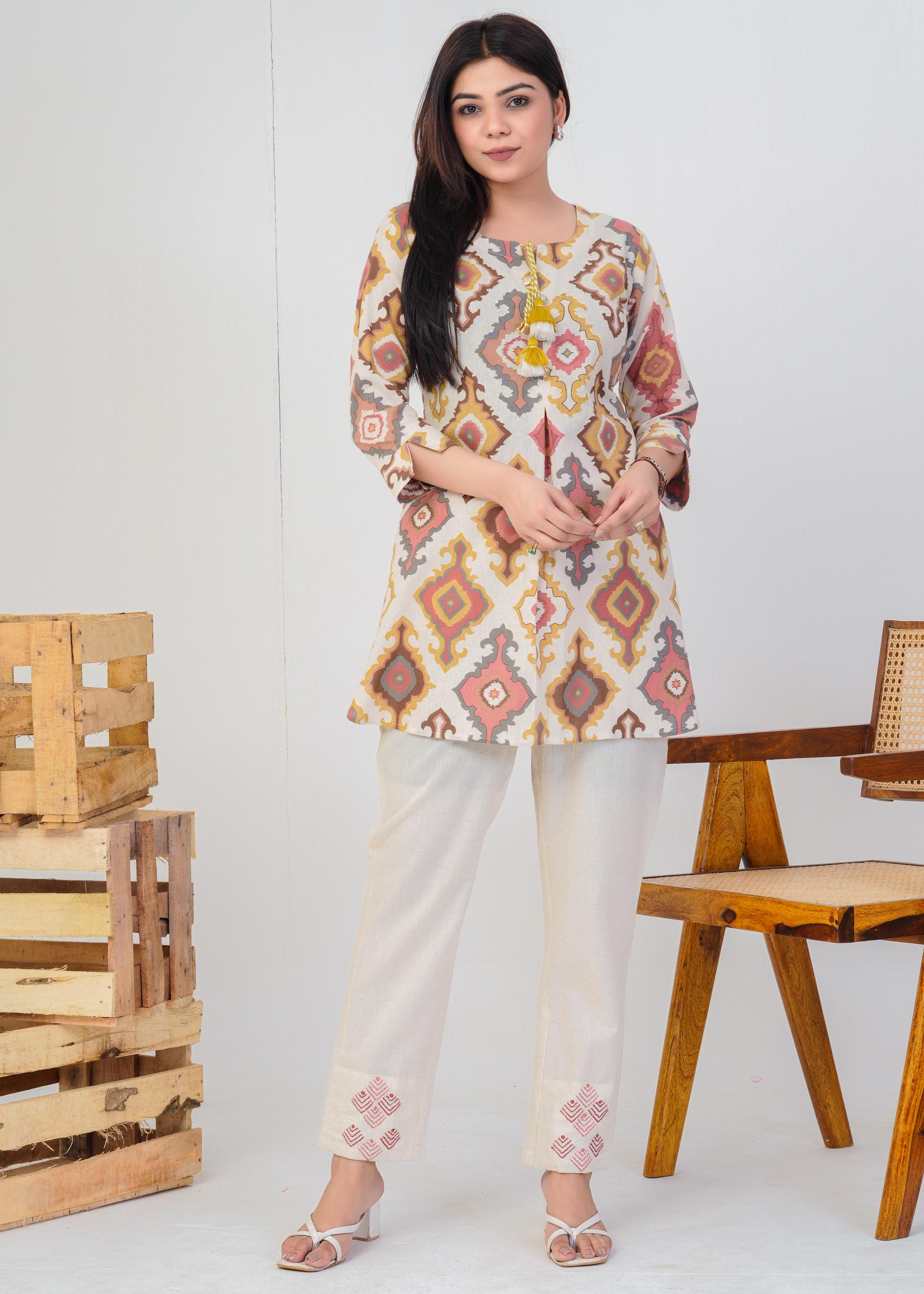 Women's Round Neck, Printed Mustard Co-Ord Set, Night Suit Set