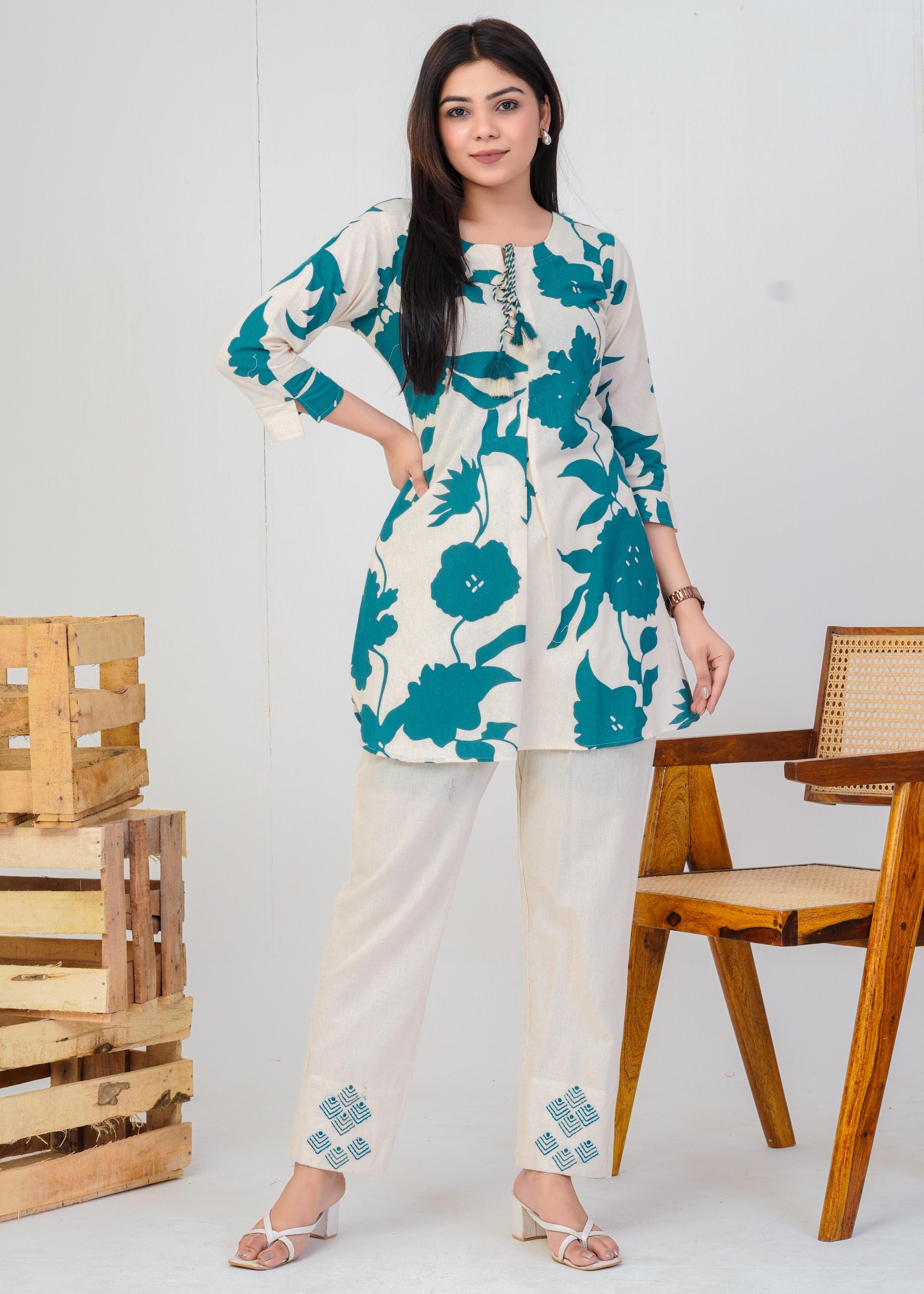 Women's Round Neck, Printed Teal Co-Ord Set, Night Suit Set