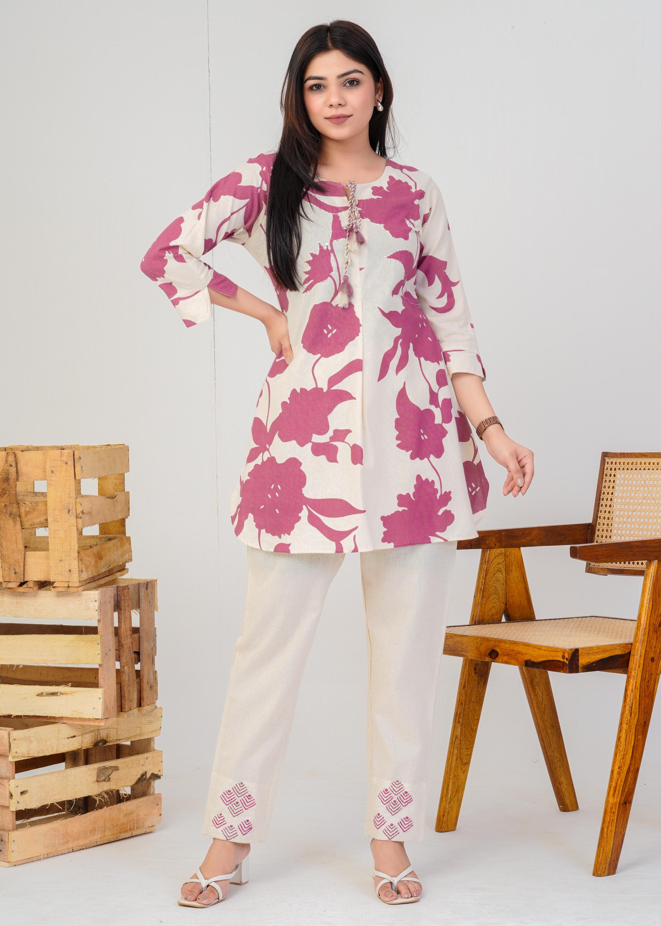 Women's Round Neck, Printed Pink Co-Ord Set, Night Suit Set