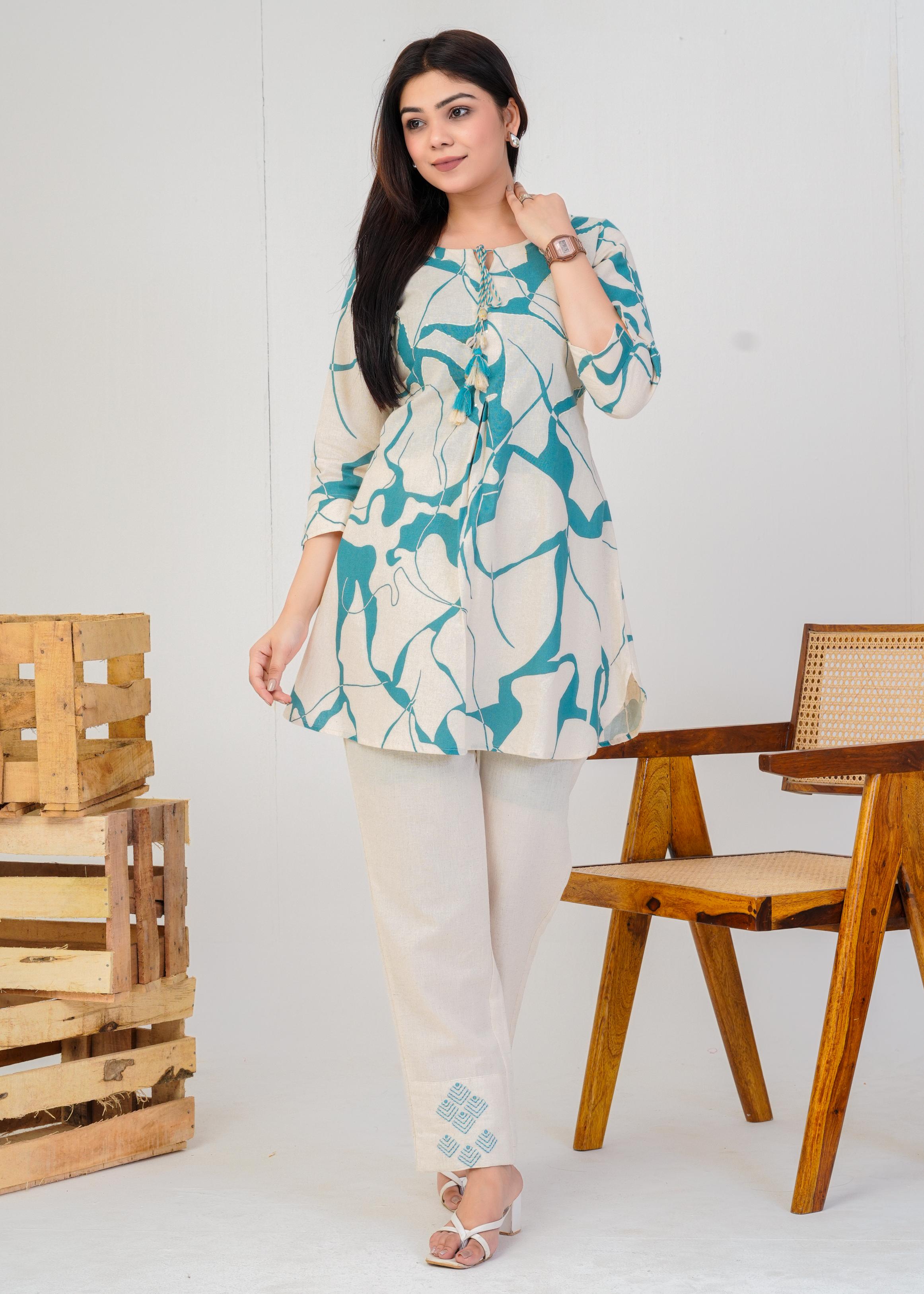 Women's Round Neck, Printed Turquoise Co-Ord Set, Night Suit Set