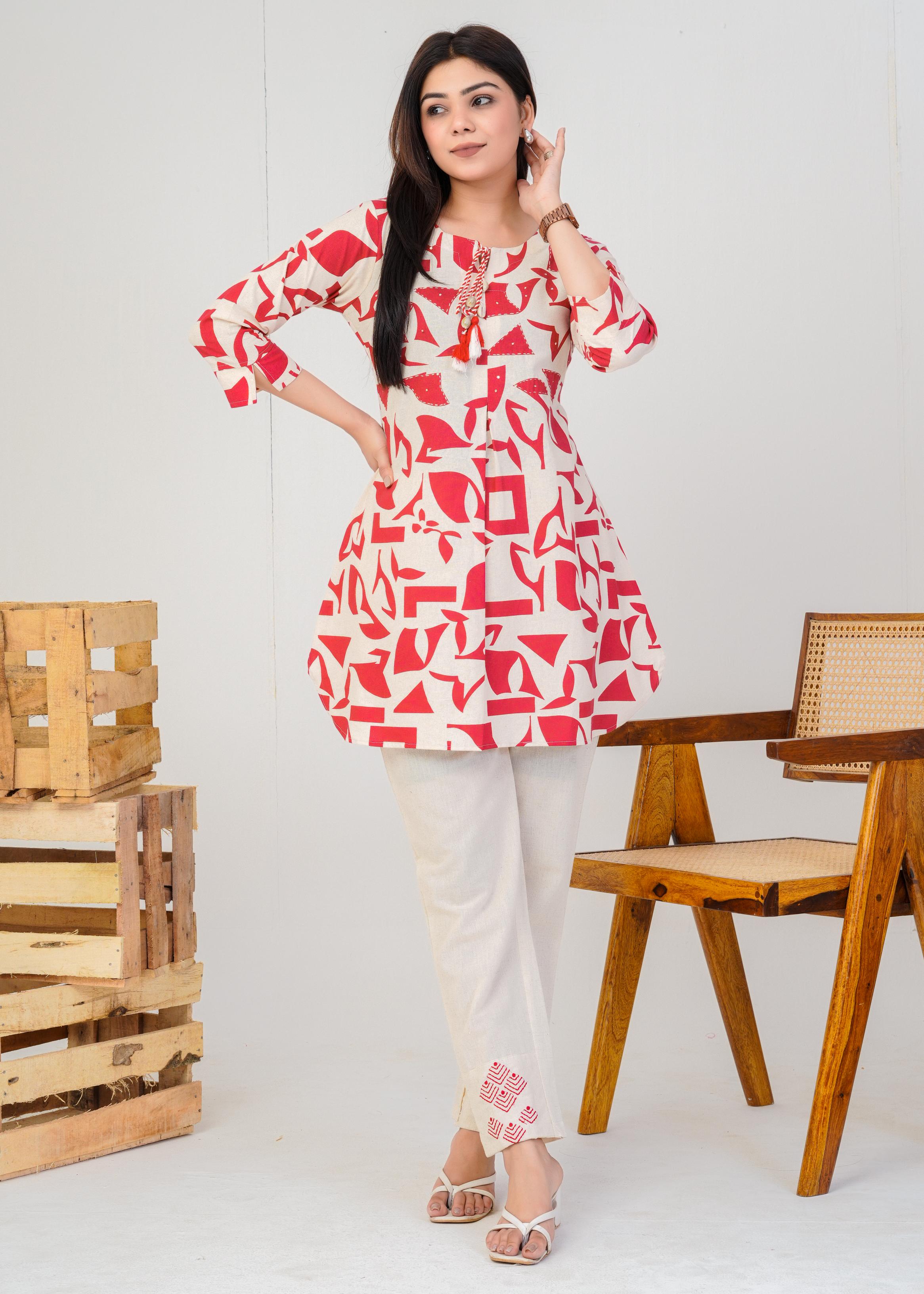 Women's Round Neck, Printed Red Co-Ord Set, Night Suit Set