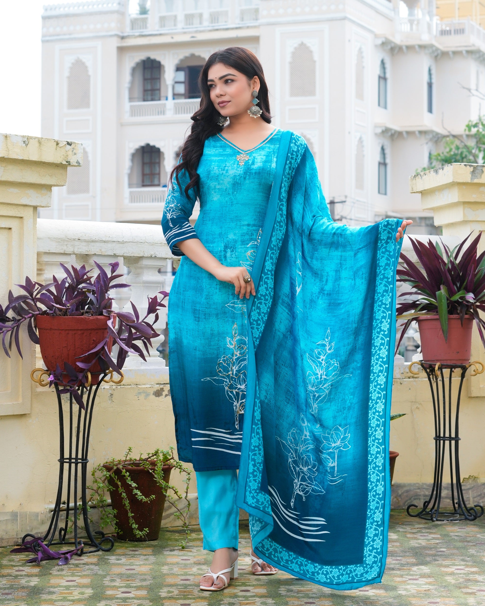 Blue Natural Silk Printed Kurta with Trousers with Dupatta