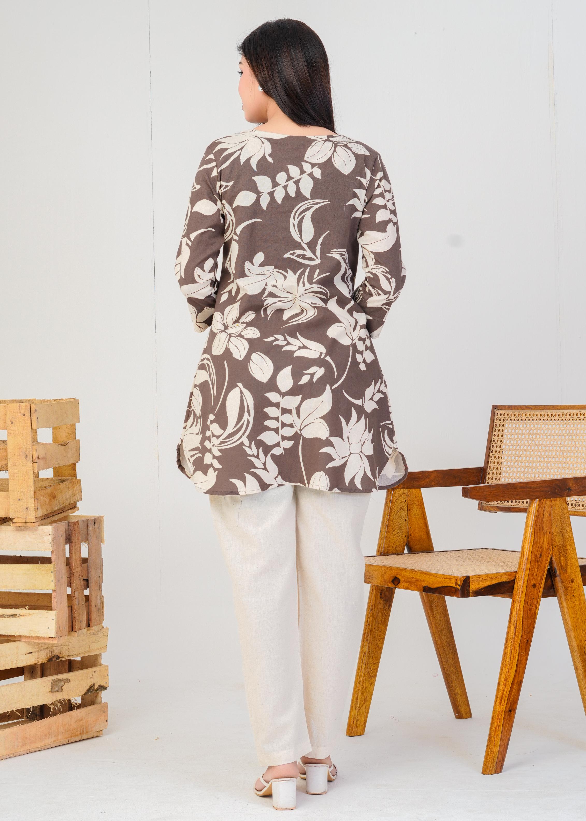 Women's Round Neck, Printed Brown Co-Ord Set, Night Suit Set