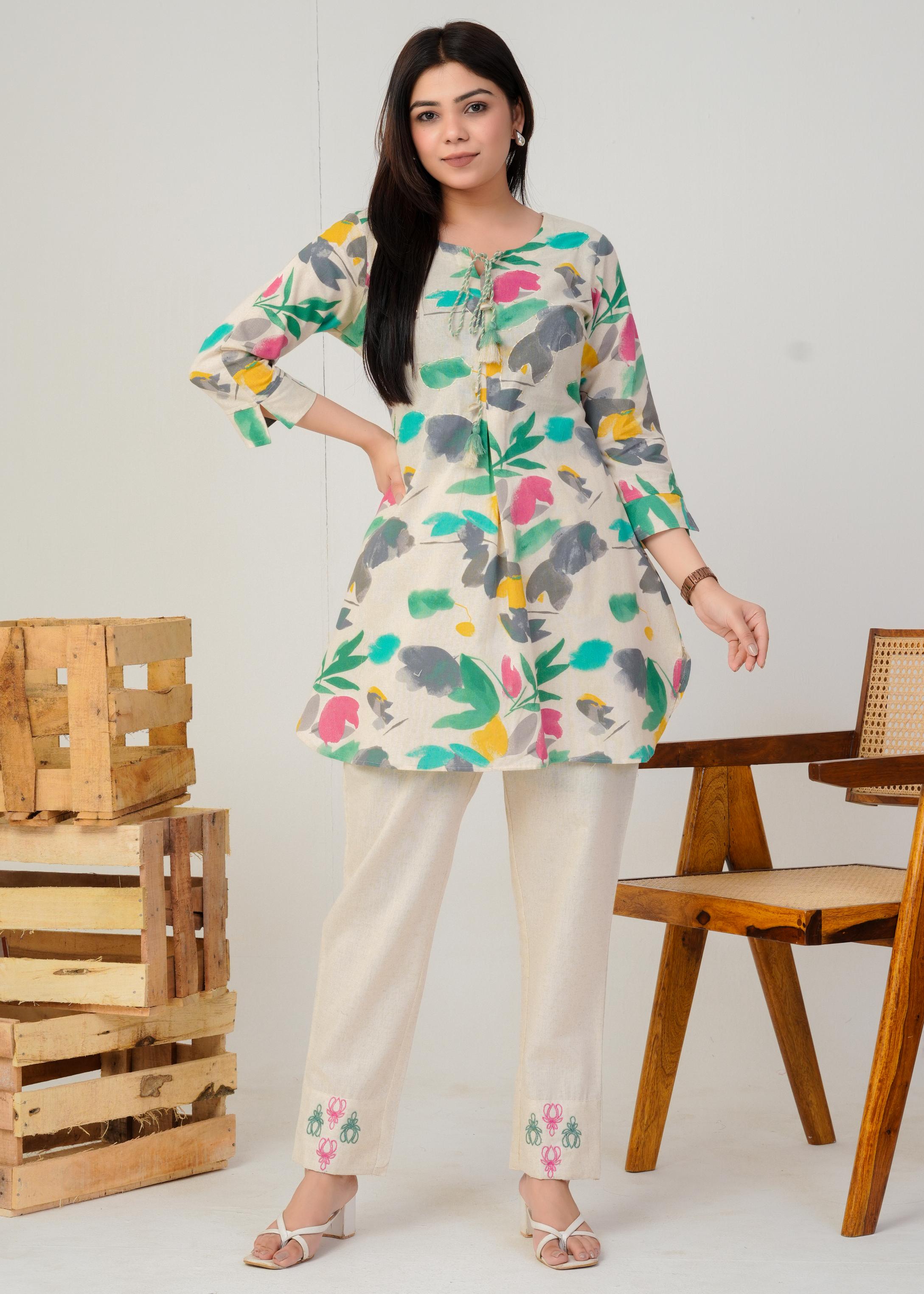 Women's Round Neck, Printed Green Co-Ord Set, Night Suit Set