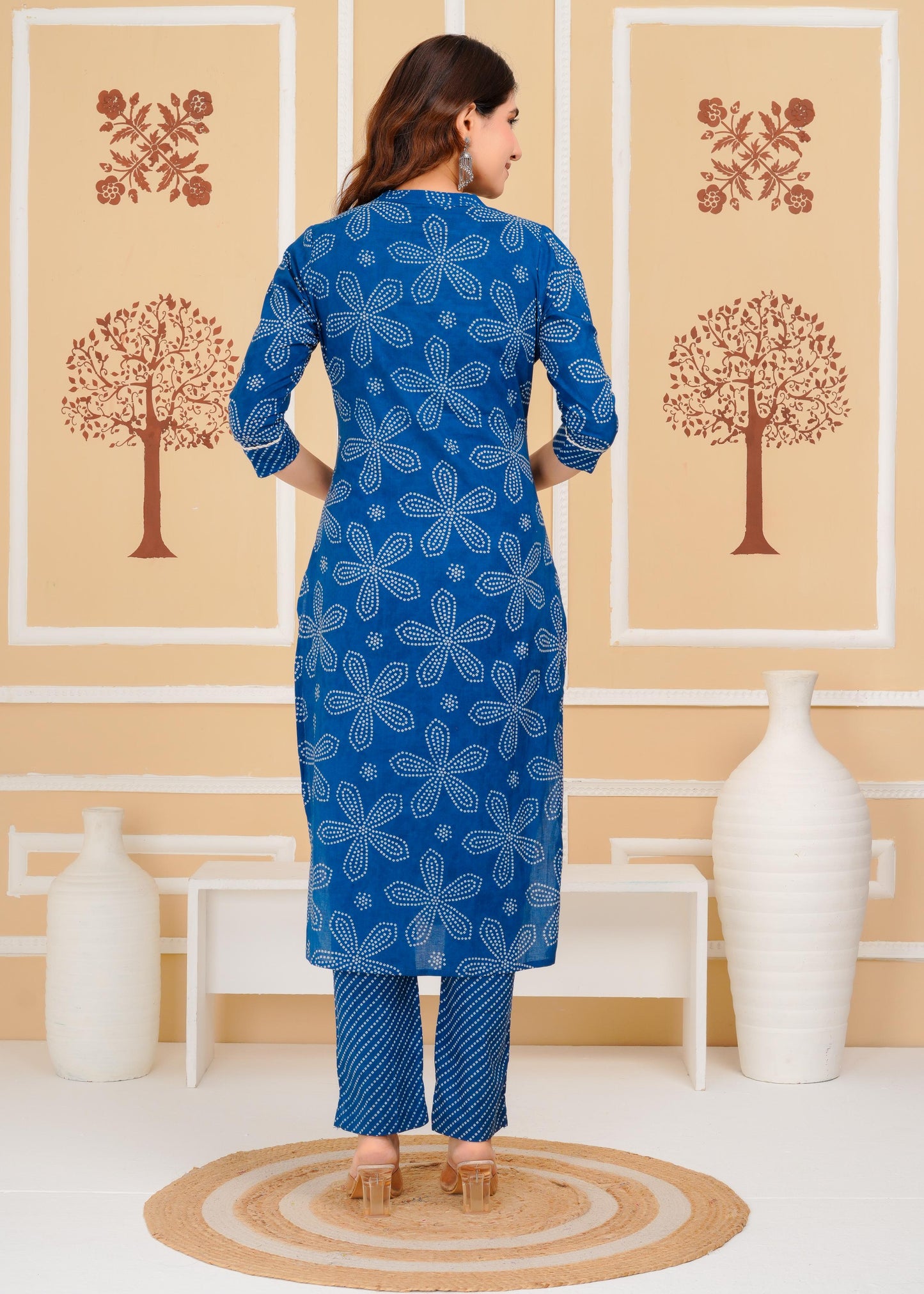 Cotton Printed Straight Blue Kurta Set With Dupatta