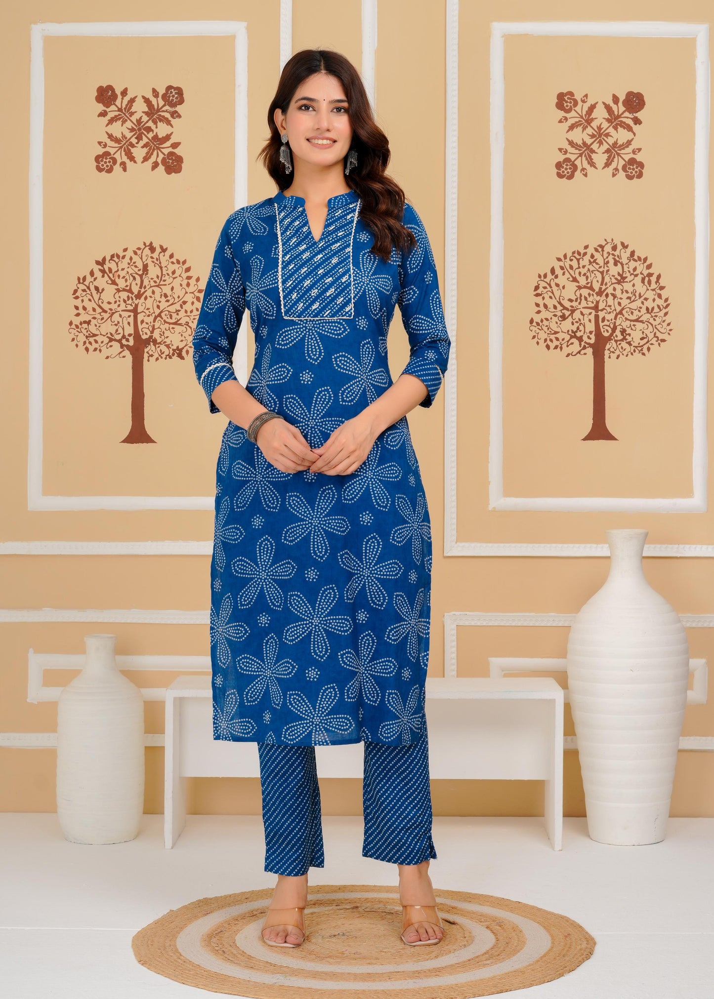 Cotton Printed Straight Blue Kurta Set With Dupatta