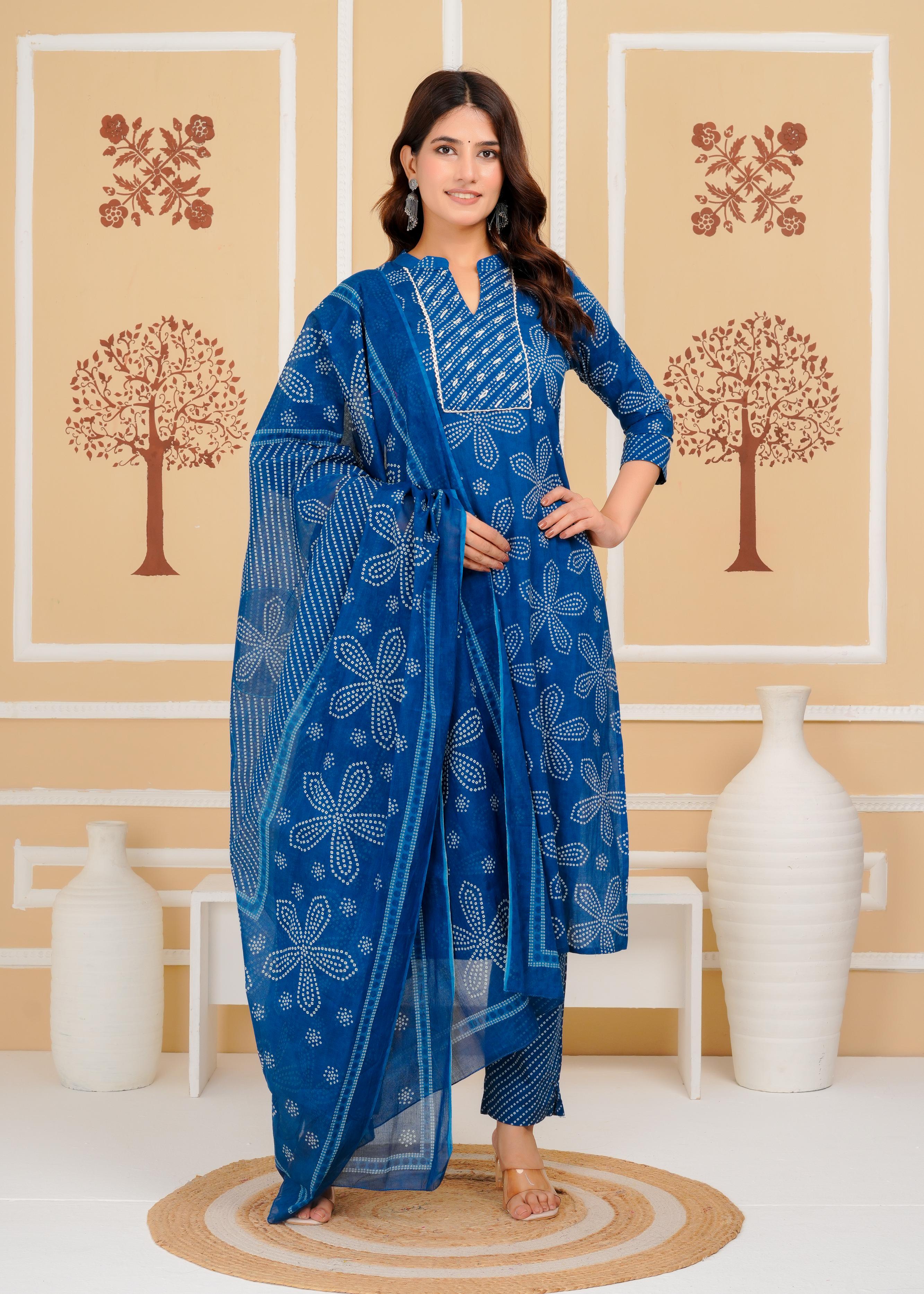 Cotton Printed Straight Blue Kurta Set With Dupatta