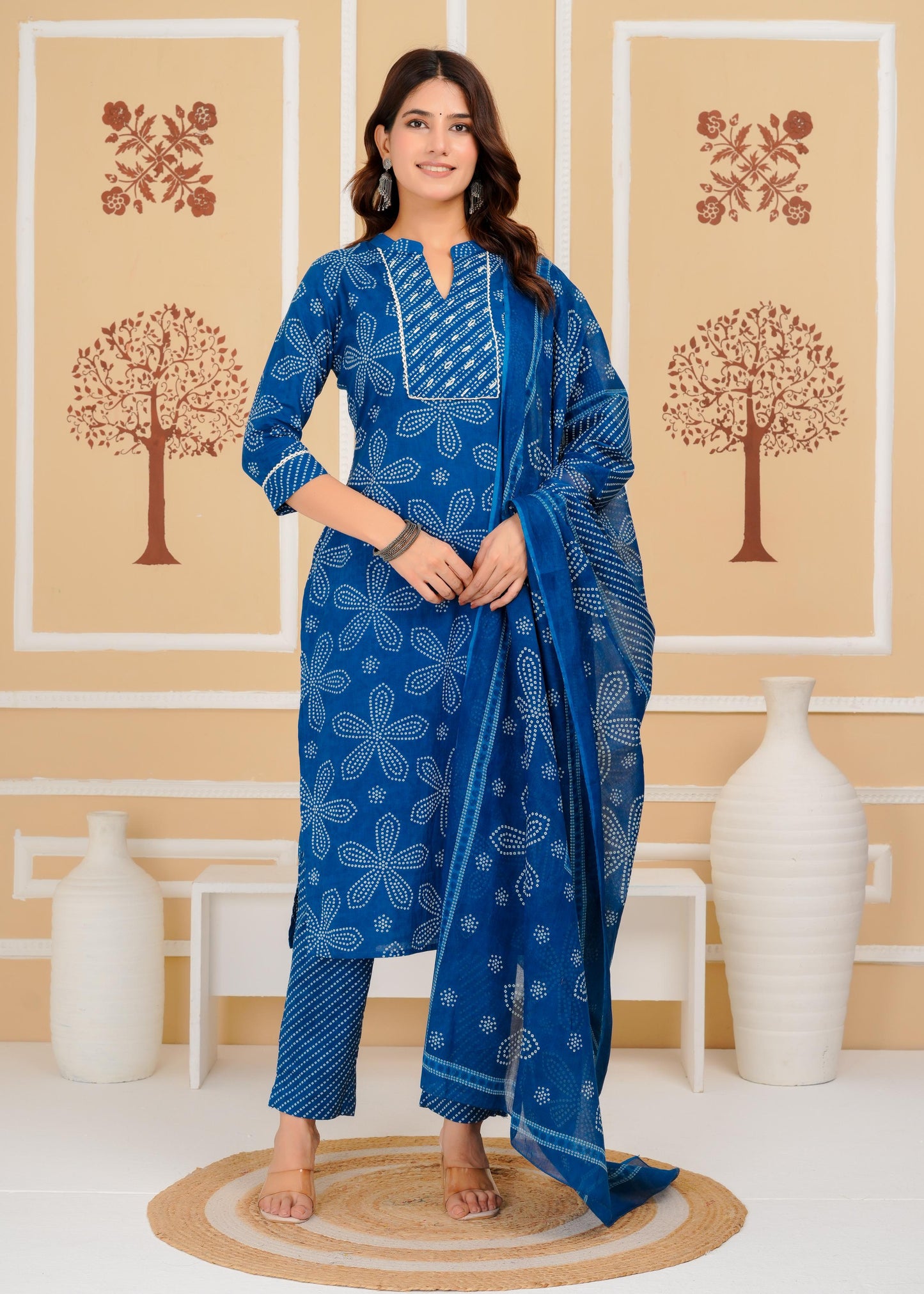 Cotton Printed Straight Blue Kurta Set With Dupatta