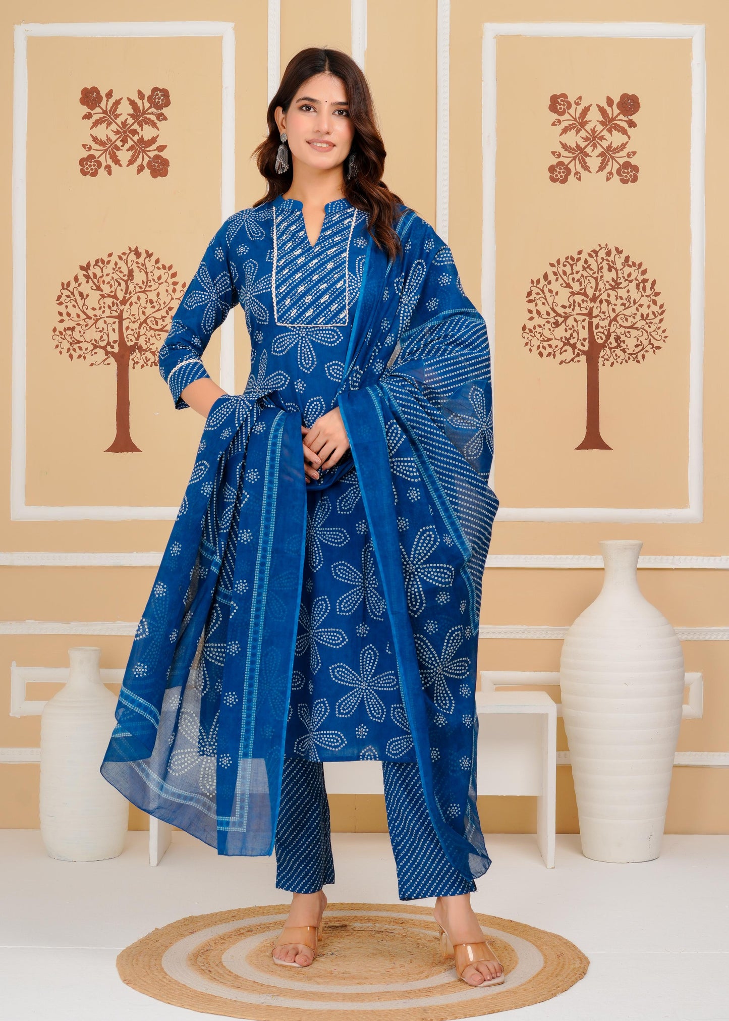 Cotton Printed Straight Blue Kurta Set With Dupatta