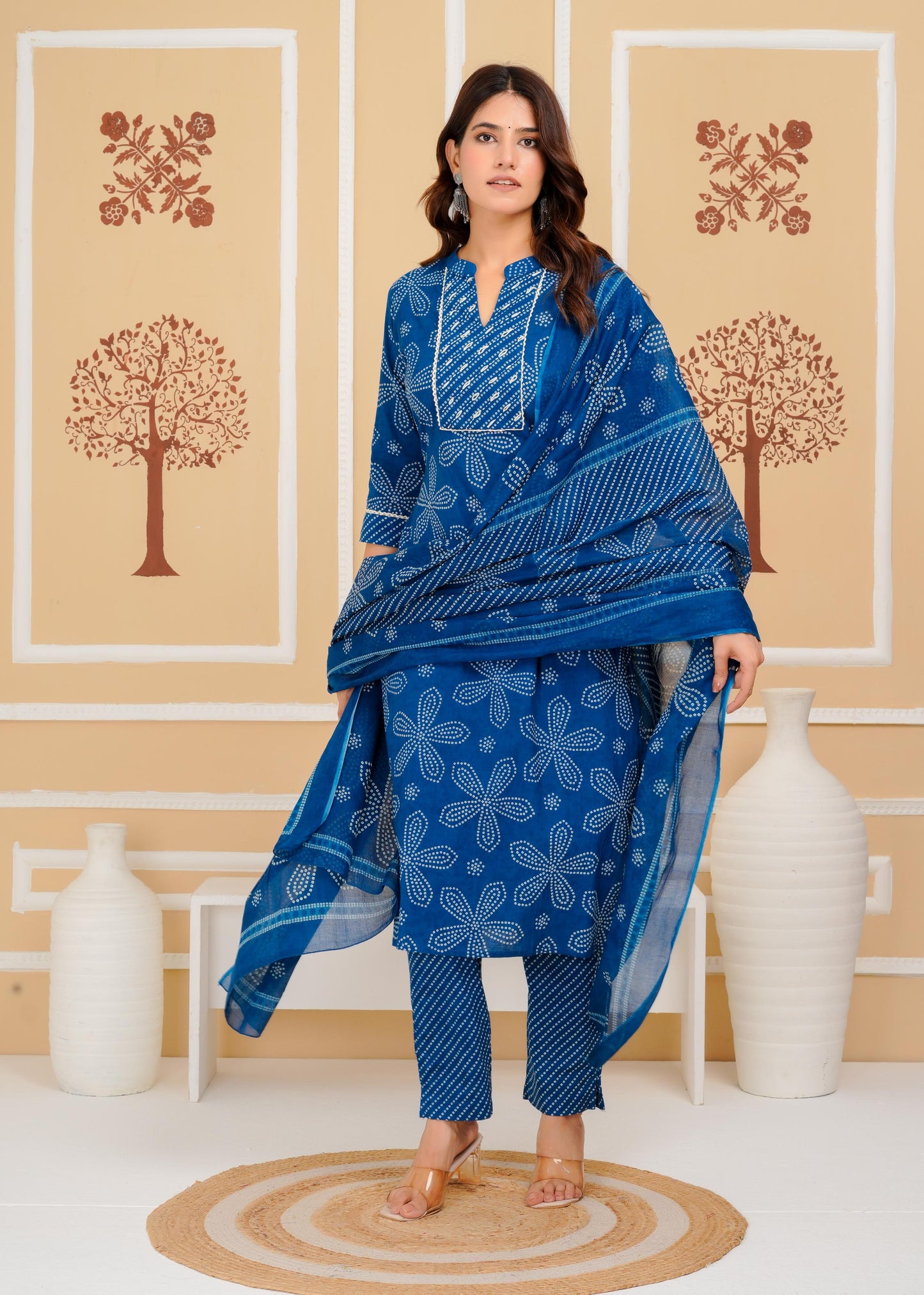 Cotton Printed Straight Blue Kurta Set With Dupatta