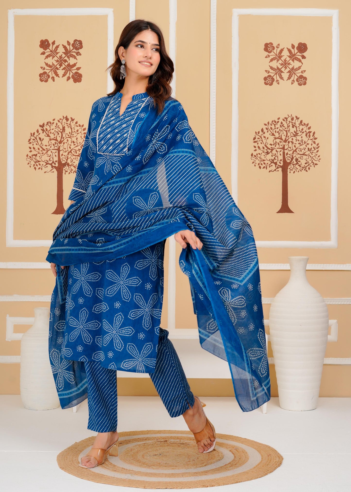 Cotton Printed Straight Blue Kurta Set With Dupatta