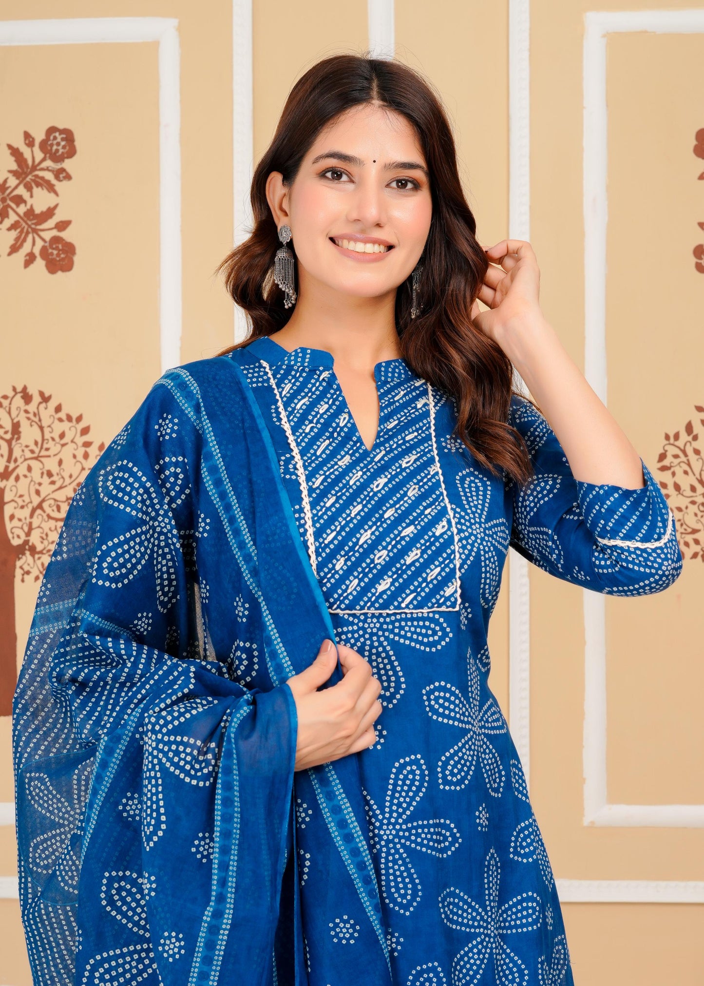 Cotton Printed Straight Blue Kurta Set With Dupatta