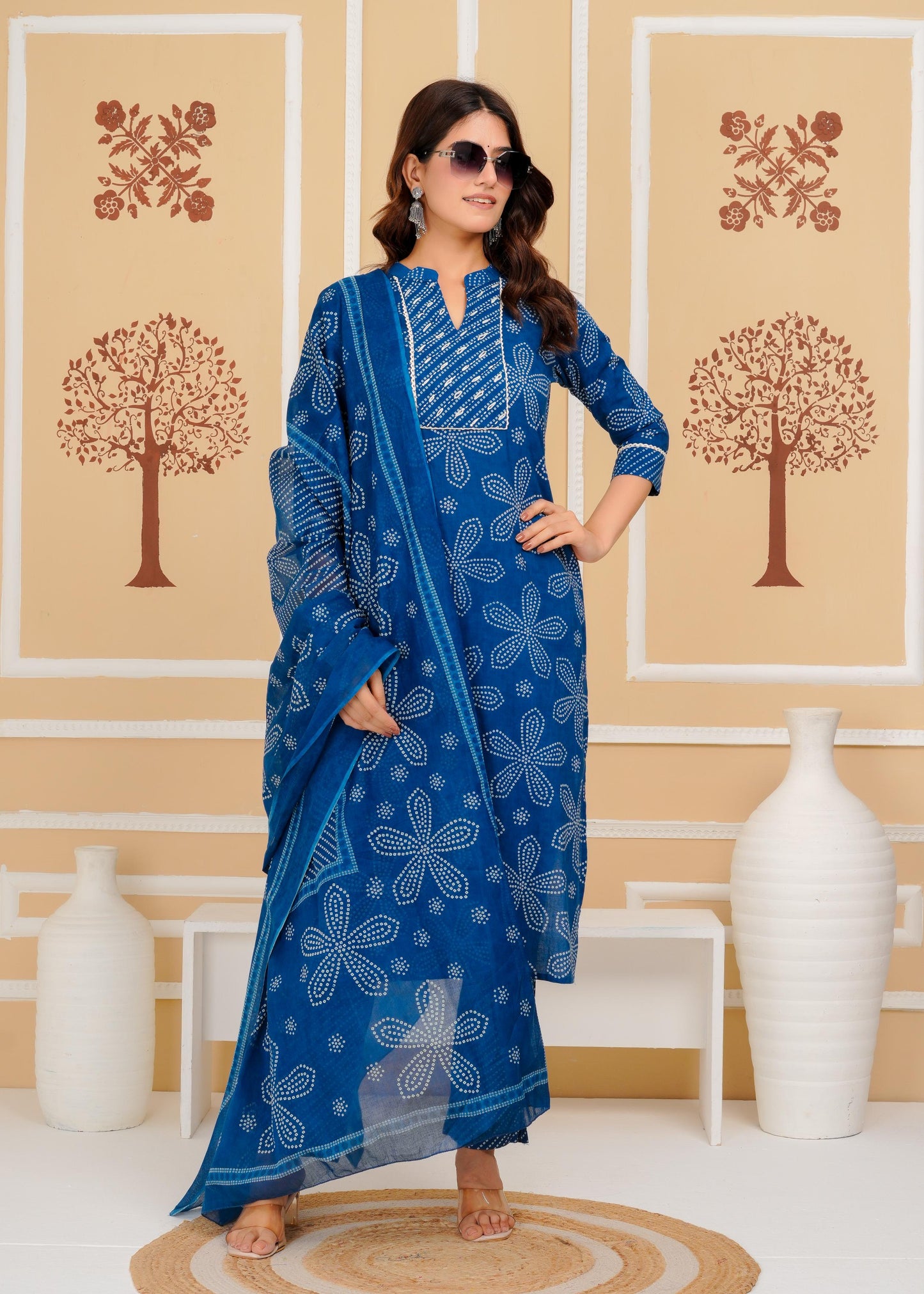 Cotton Printed Straight Blue Kurta Set With Dupatta