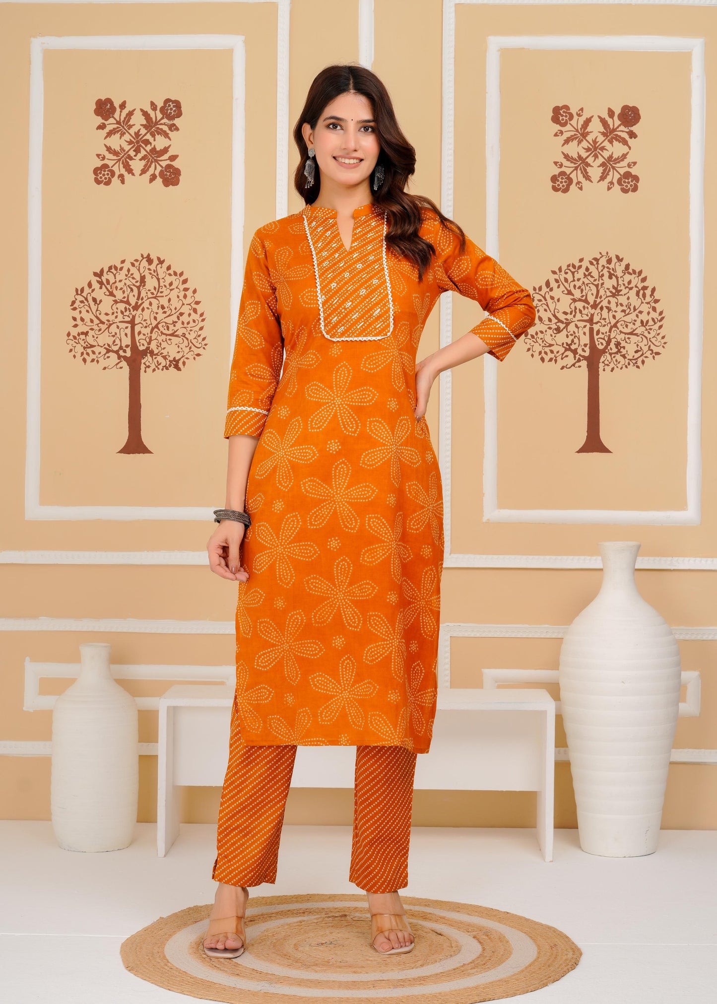 Cotton Printed Straight Mustard Kurta Set With Dupatta
