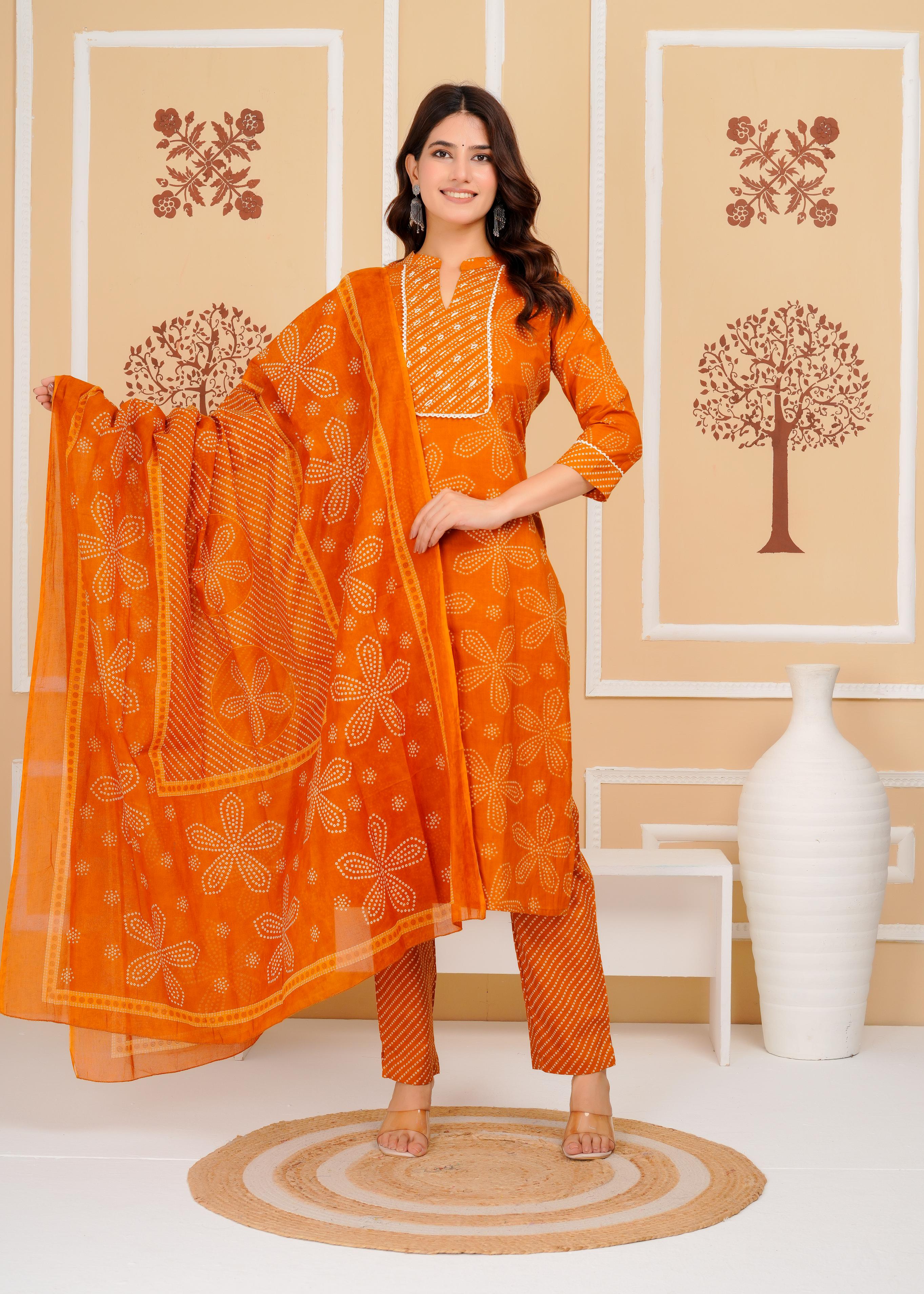 Cotton Printed Straight Mustard Kurta Set With Dupatta