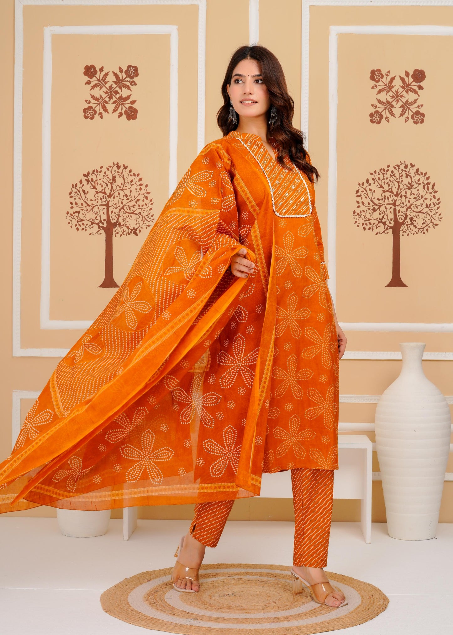 Cotton Printed Straight Mustard Kurta Set With Dupatta