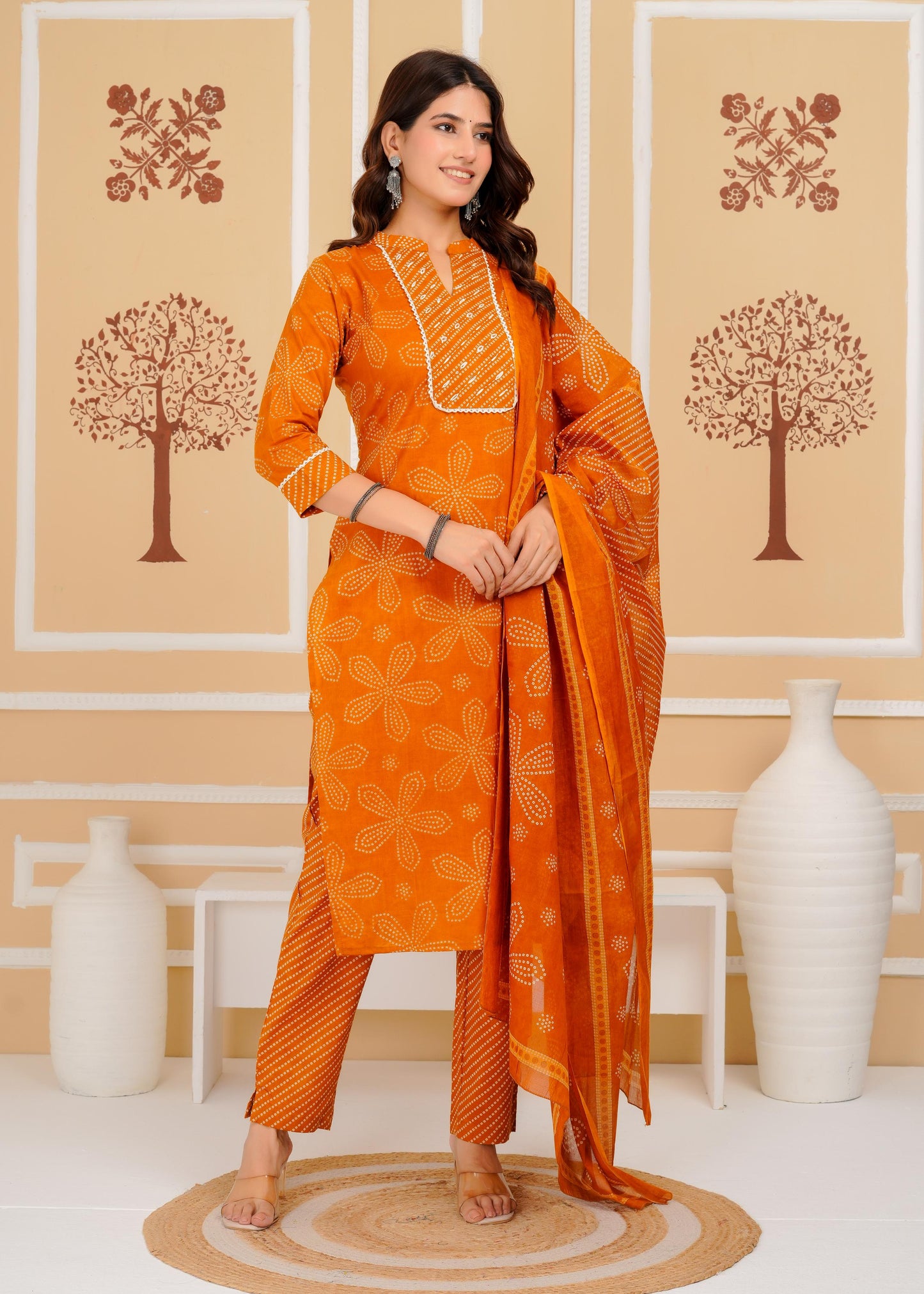 Cotton Printed Straight Mustard Kurta Set With Dupatta