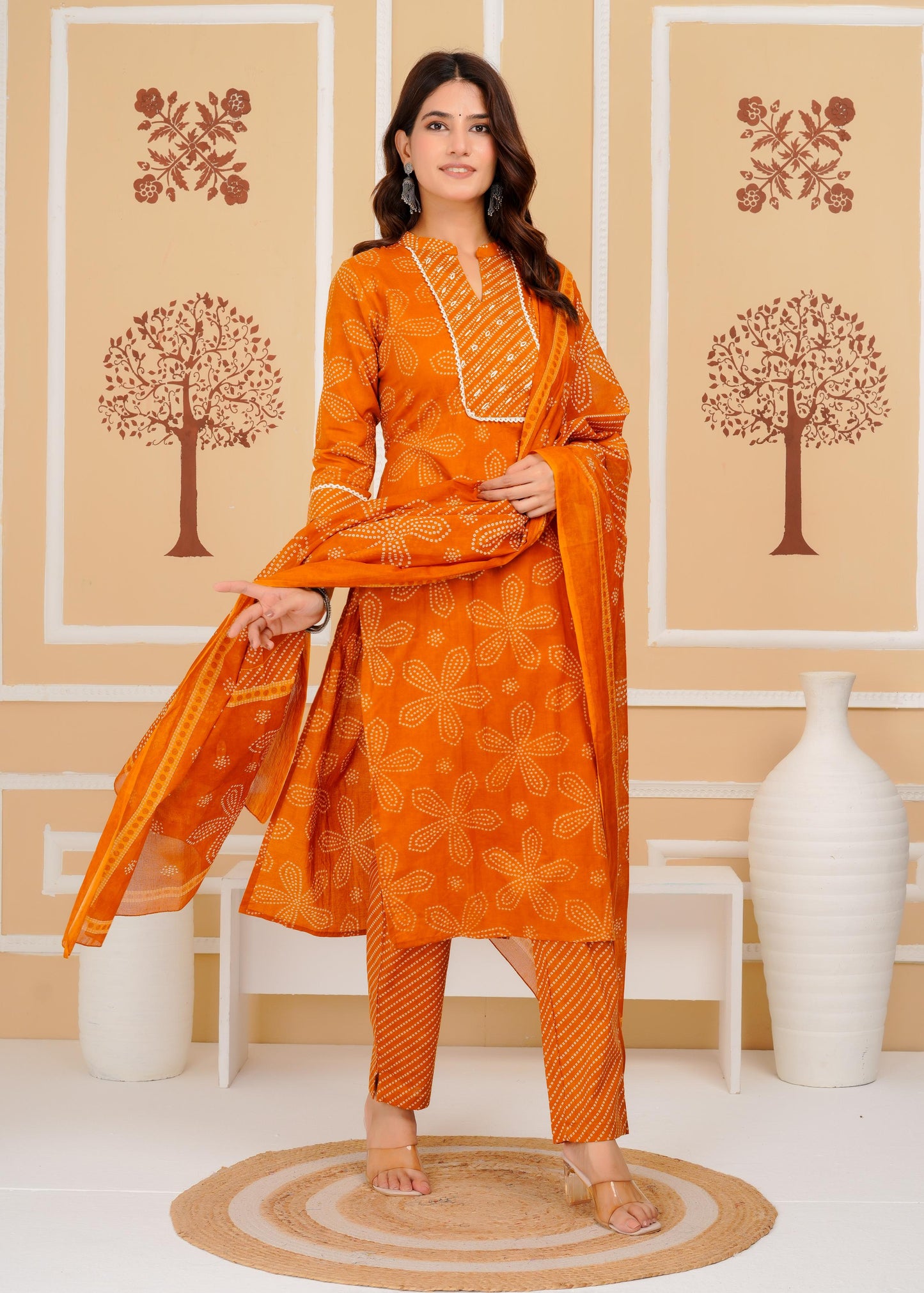 Cotton Printed Straight Mustard Kurta Set With Dupatta