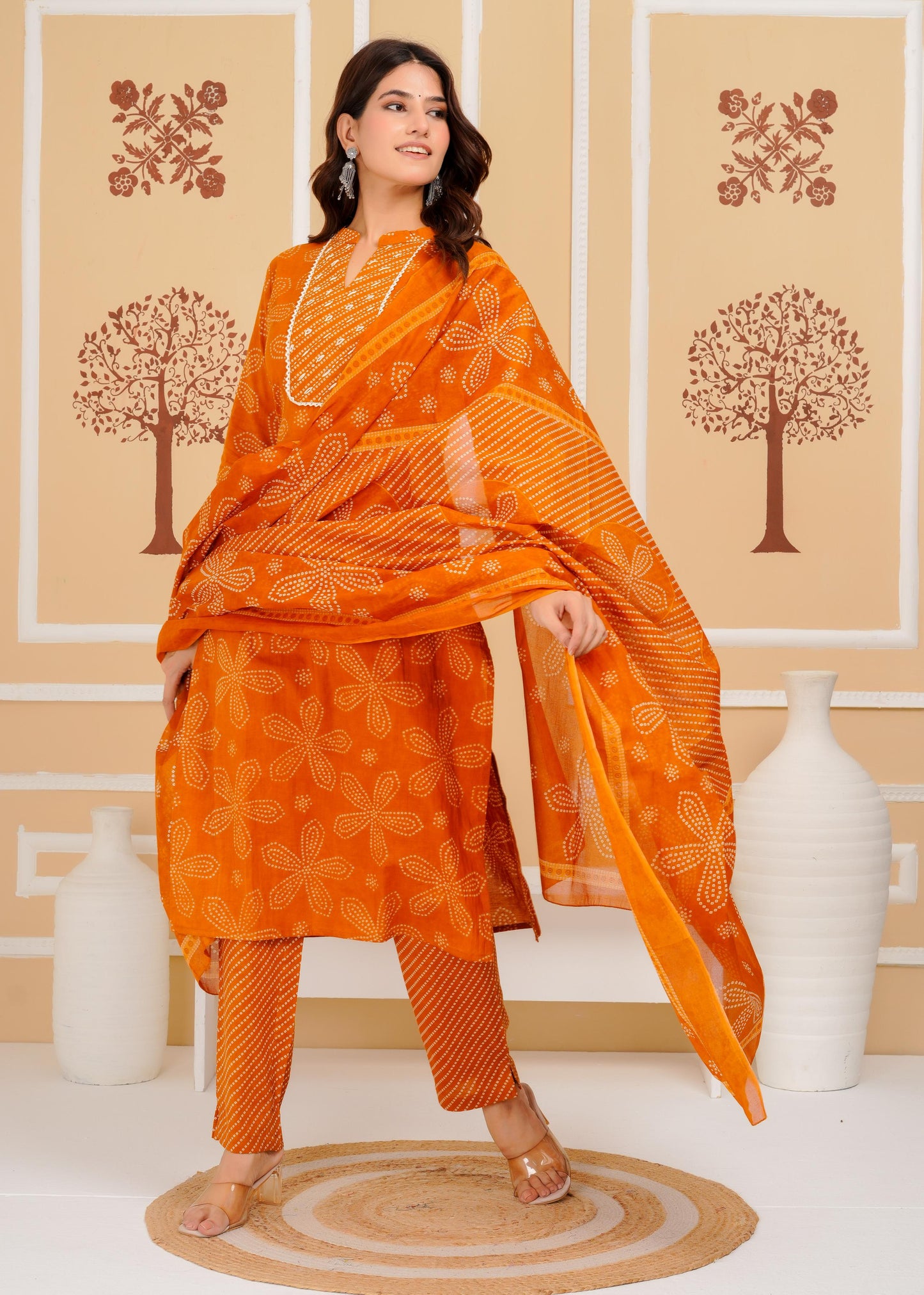 Cotton Printed Straight Mustard Kurta Set With Dupatta