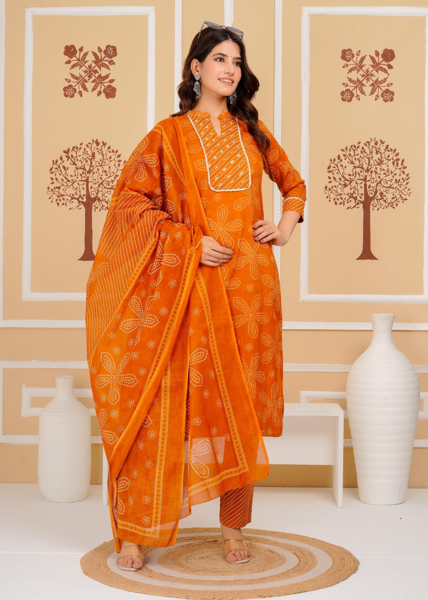 Cotton Printed Straight Mustard Kurta Set With Dupatta