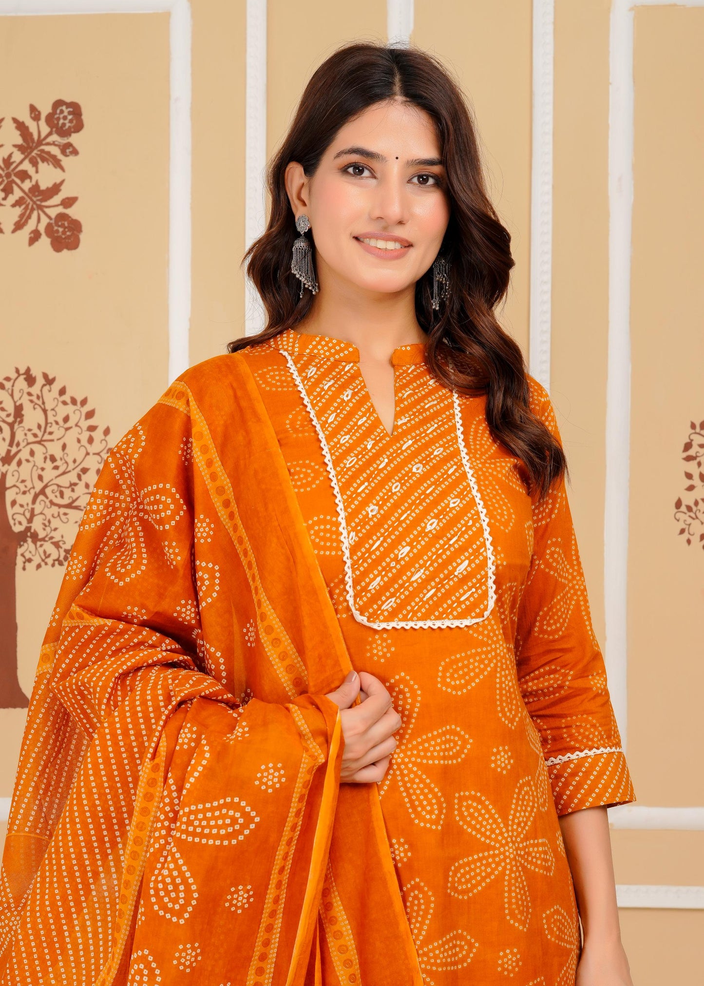 Cotton Printed Straight Mustard Kurta Set With Dupatta