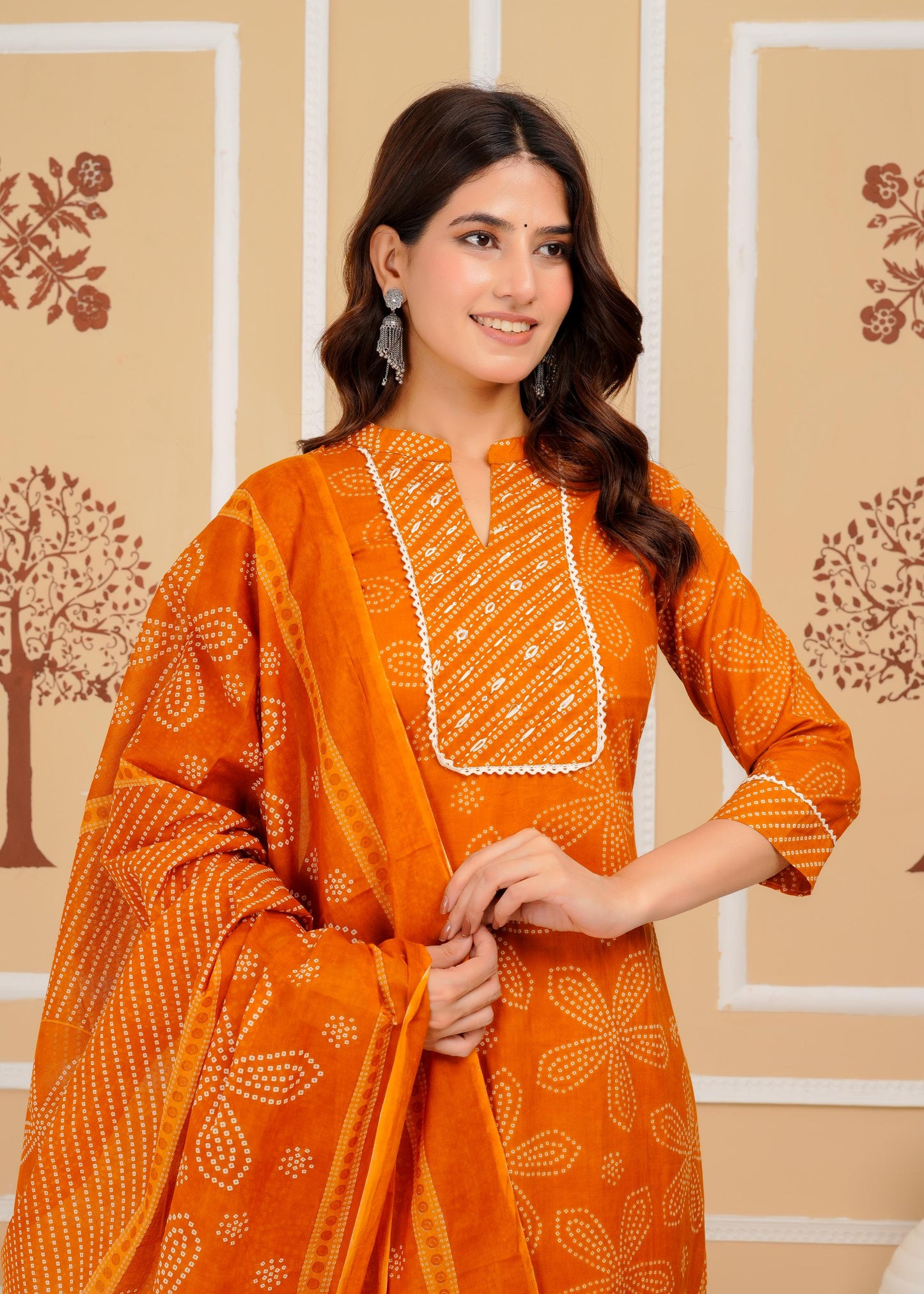 Cotton Printed Straight Mustard Kurta Set With Dupatta