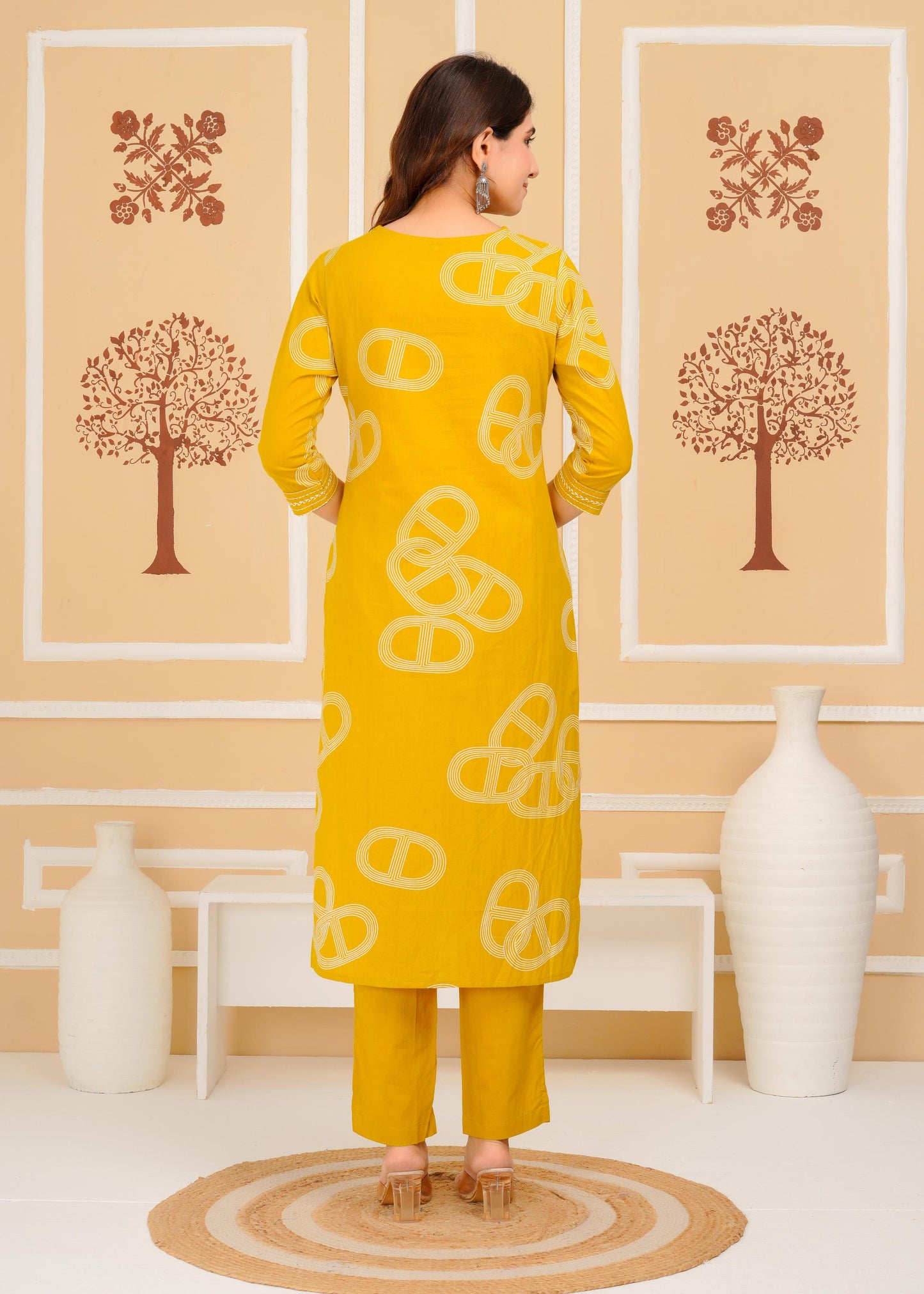 Cotton Printed Straight Mustard Kurta Set With Dupatta