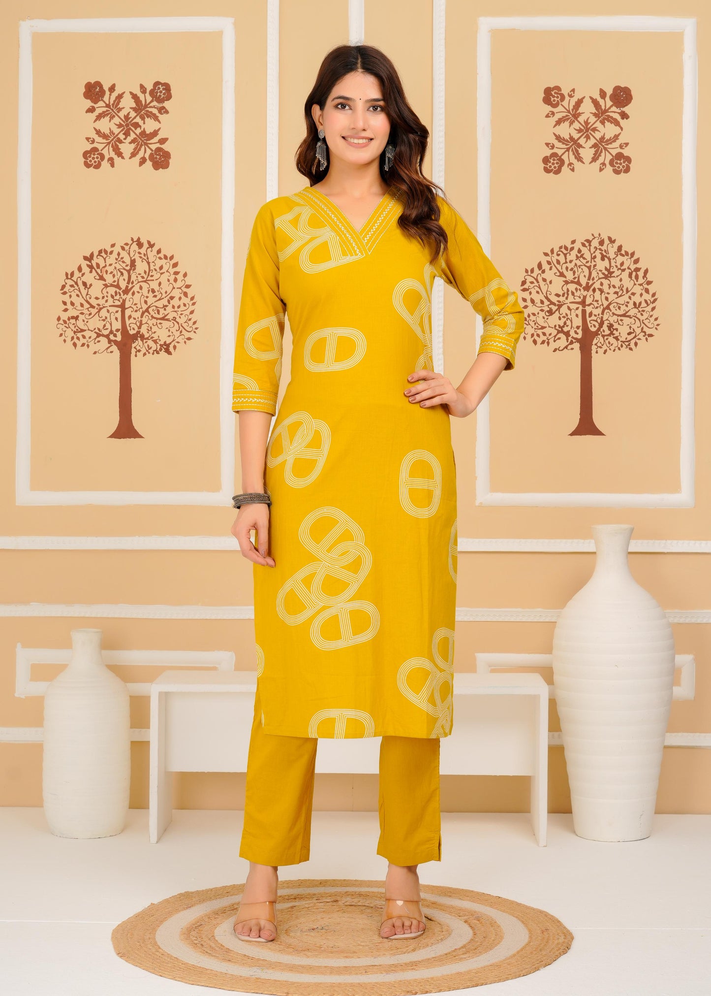 Cotton Printed Straight Mustard Kurta Set With Dupatta