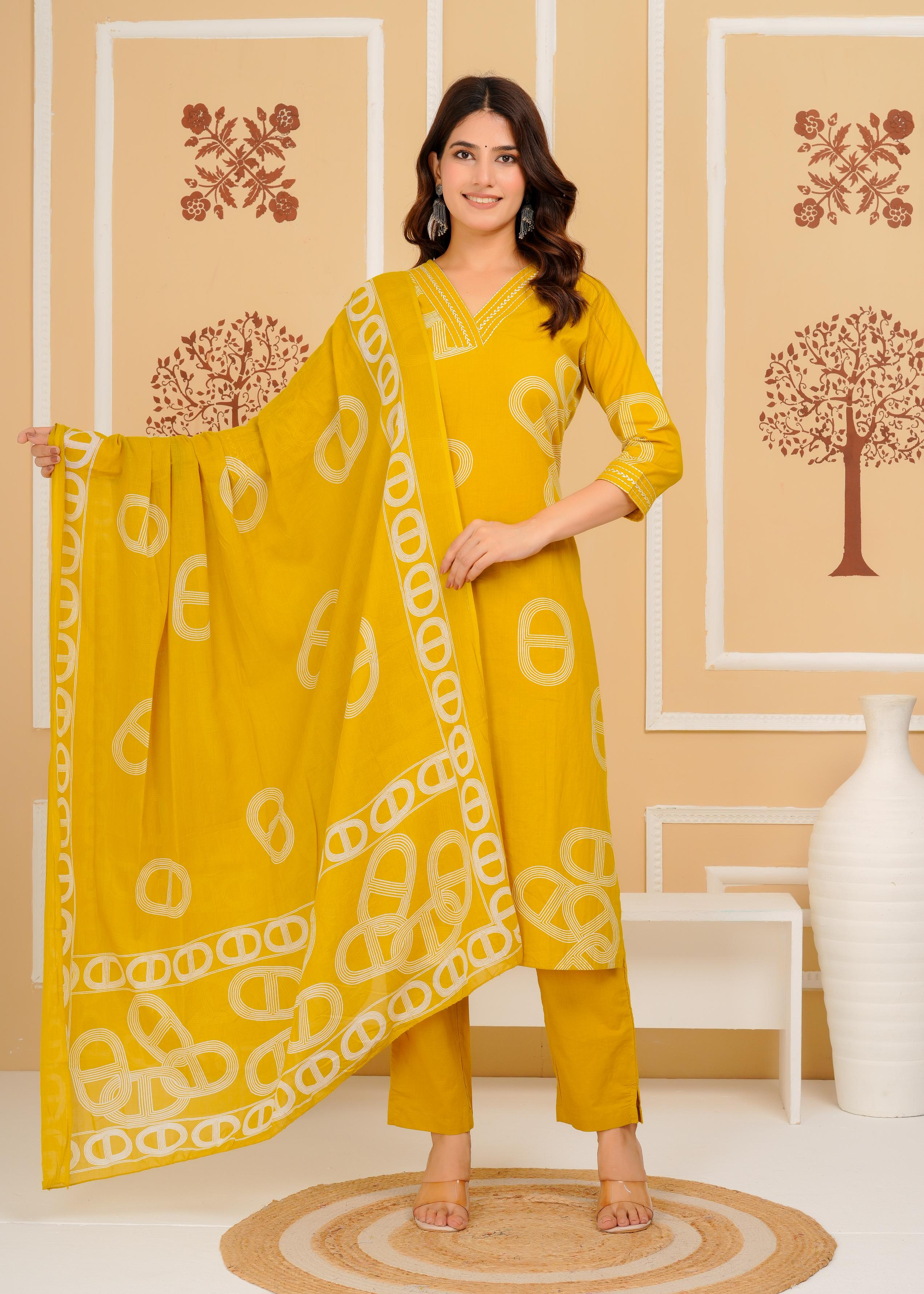 Cotton Printed Straight Mustard Kurta Set With Dupatta